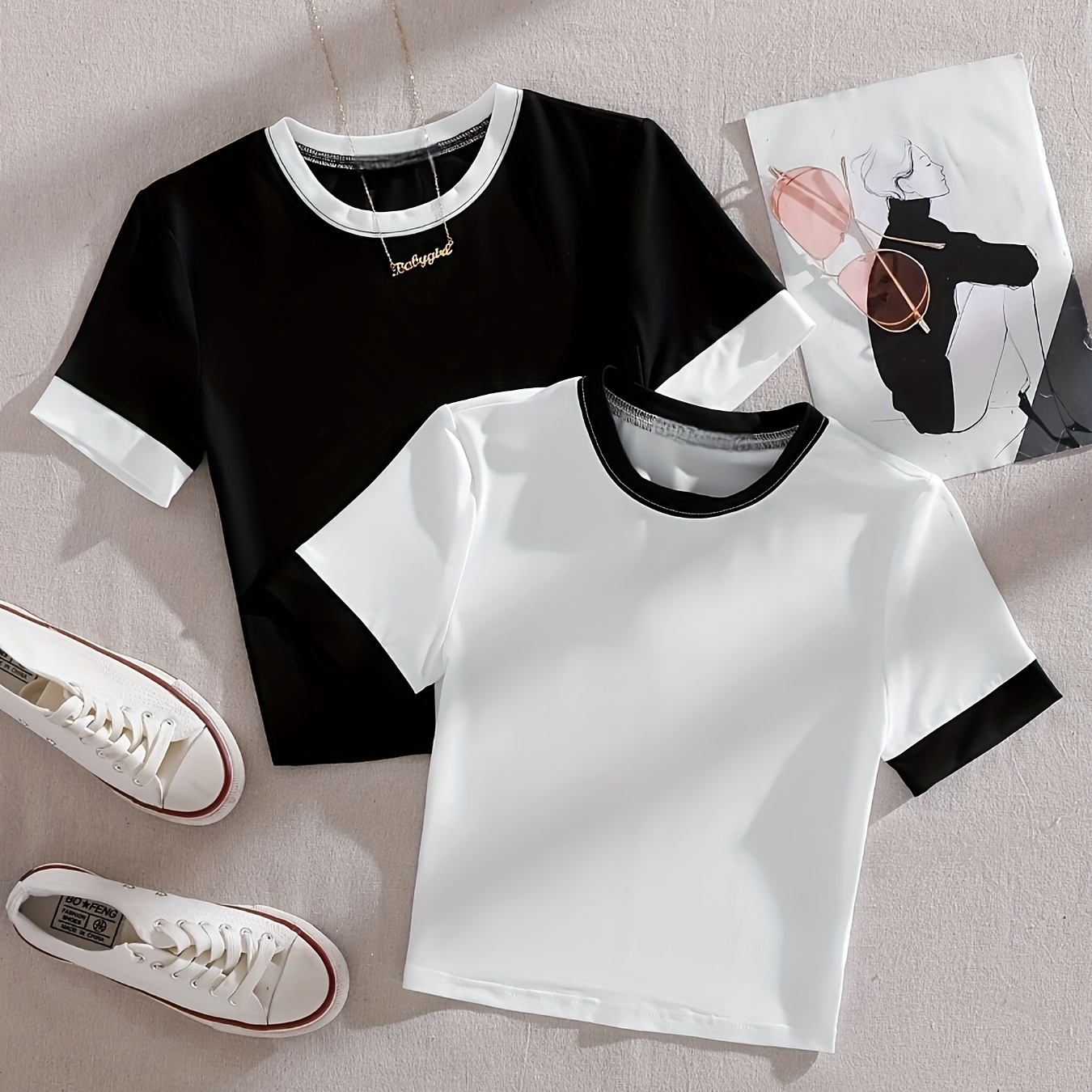 

Contrast Trim T-shirt 2 Packs, Casual Short Sleeve Crew Neck T-shirt For Summer, Women's Clothing