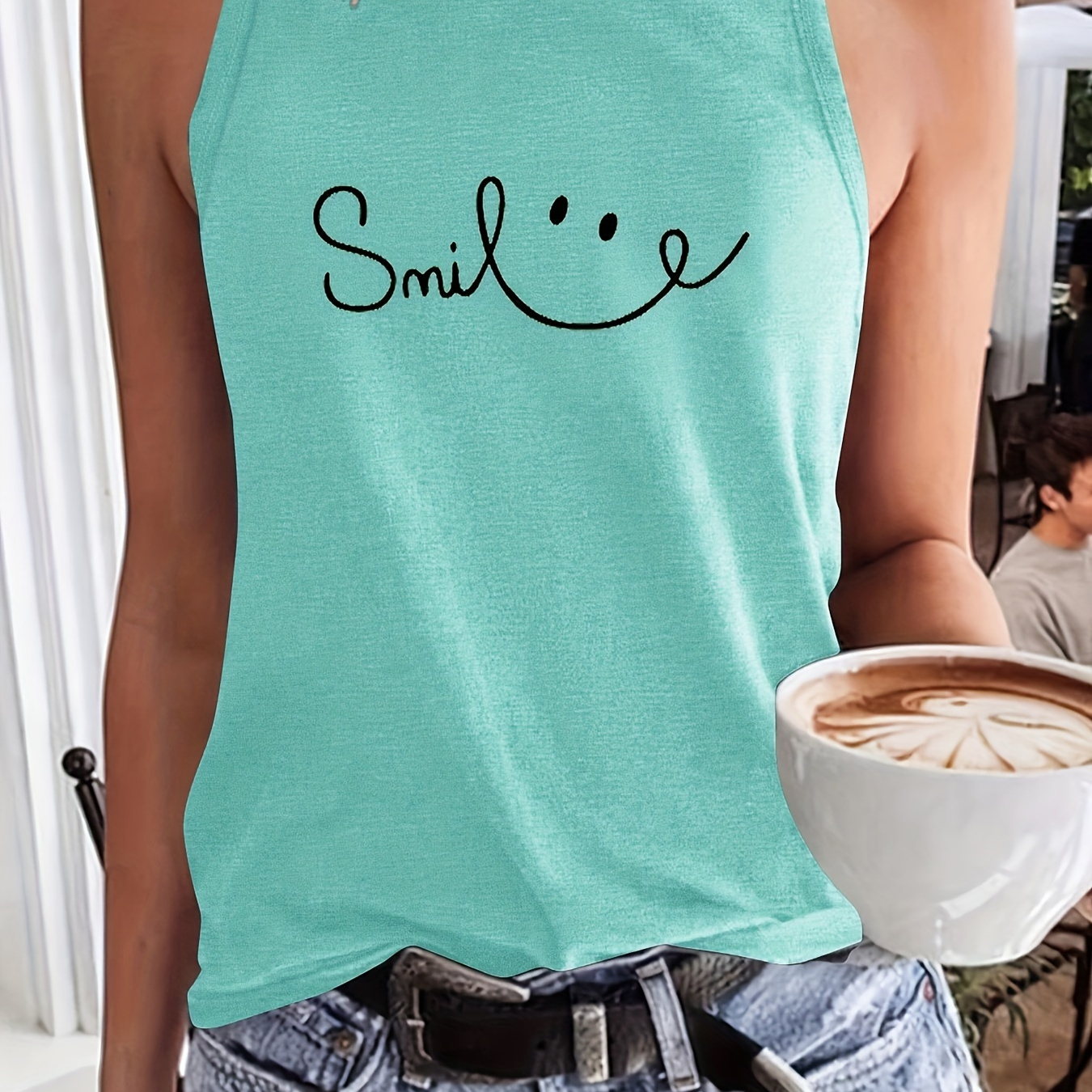 

Smile Print Crew Neck Tank Top, Casual Sleeveless Top For Spring & Summer, Women's Clothing