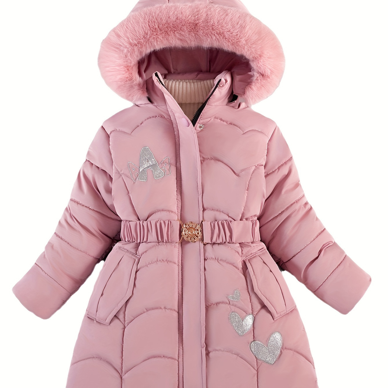 

Girls' Letter A And Heart Pattern Print Winter Padded Hooded Overcoat, Furry Hooded Tunic Jacket Coats