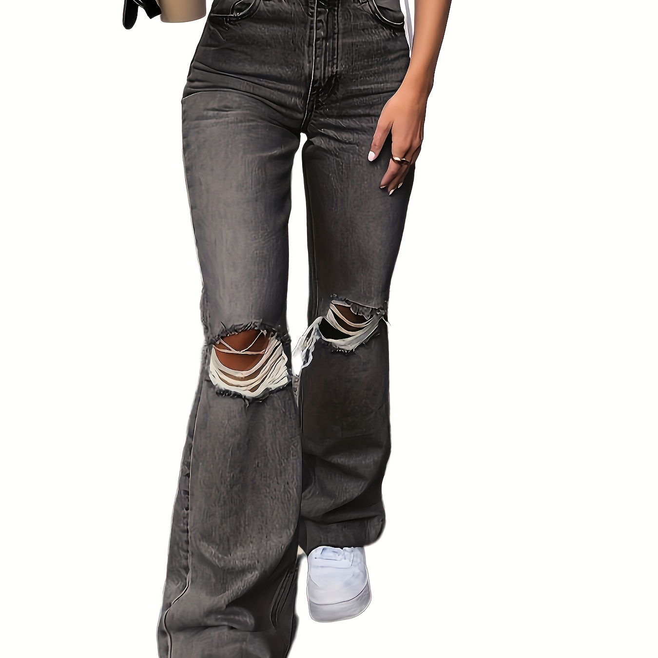 High Waist Ripped Denim Jeans, Loose Fit Slash Pockets Distressed