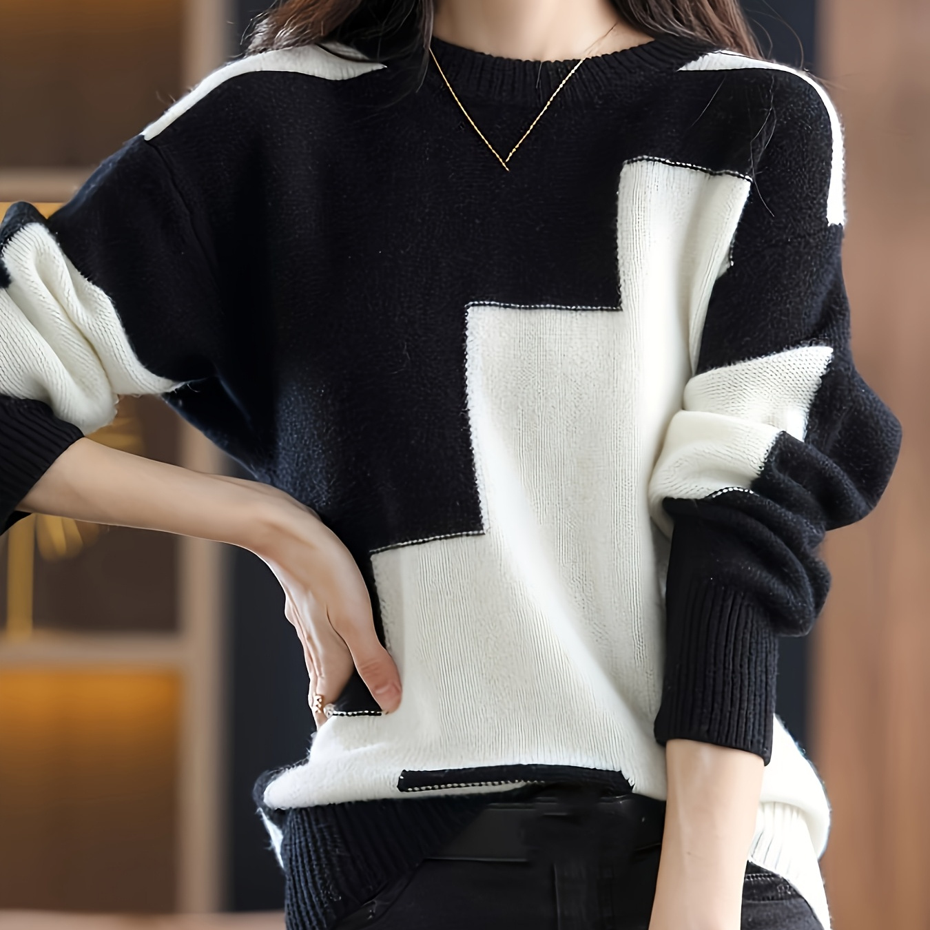 

Elegant Black & White Crew Neck Sweater For Women - Casual Long Sleeve, Viscose/polyester , Non-stretch Knit, Fall & Winter, Casual Wear|elegant Clothing|polyester Sweater