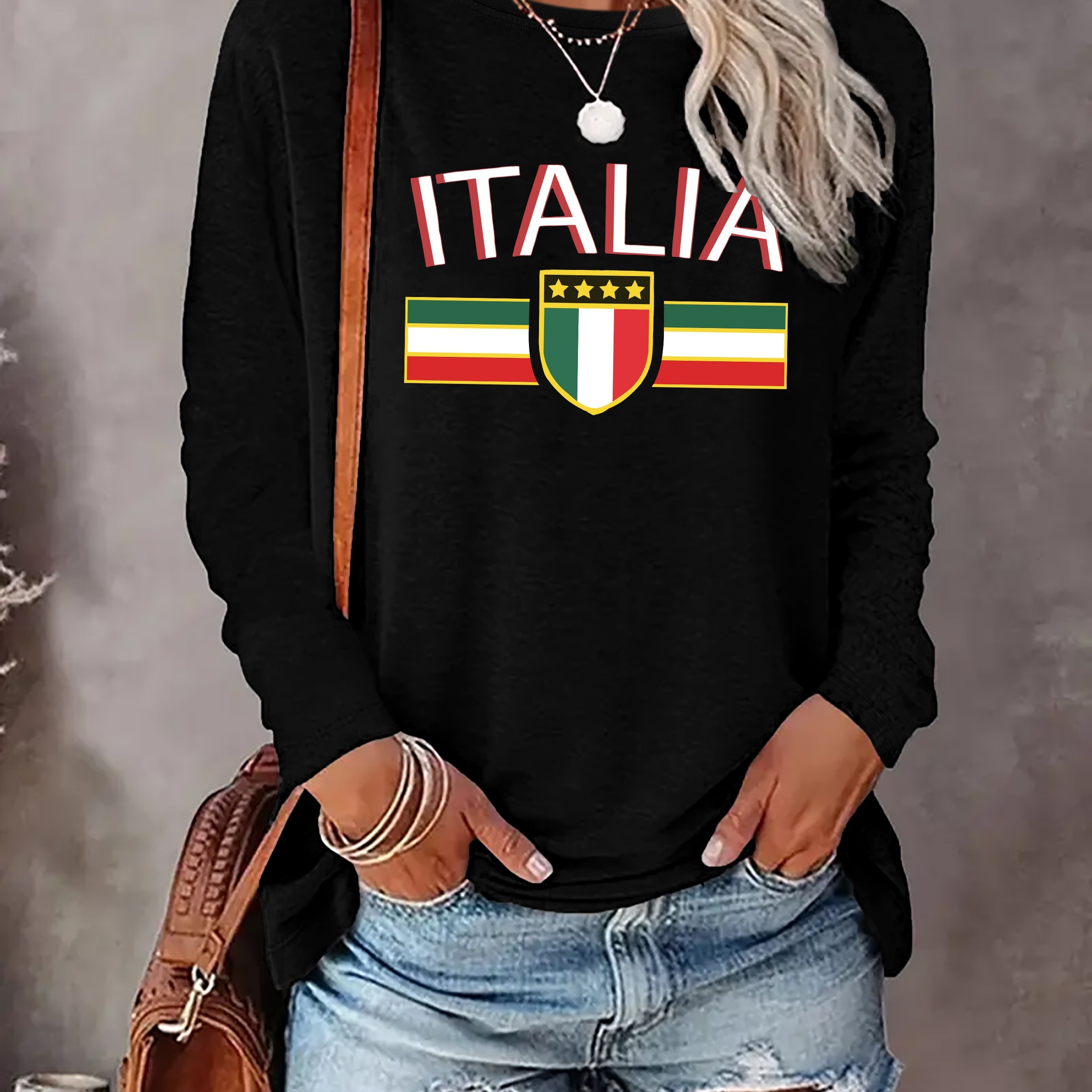 

Italia Print T-shirt, Long Sleeve Crew Neck Casual Top For Spring & Fall, Women's Clothing