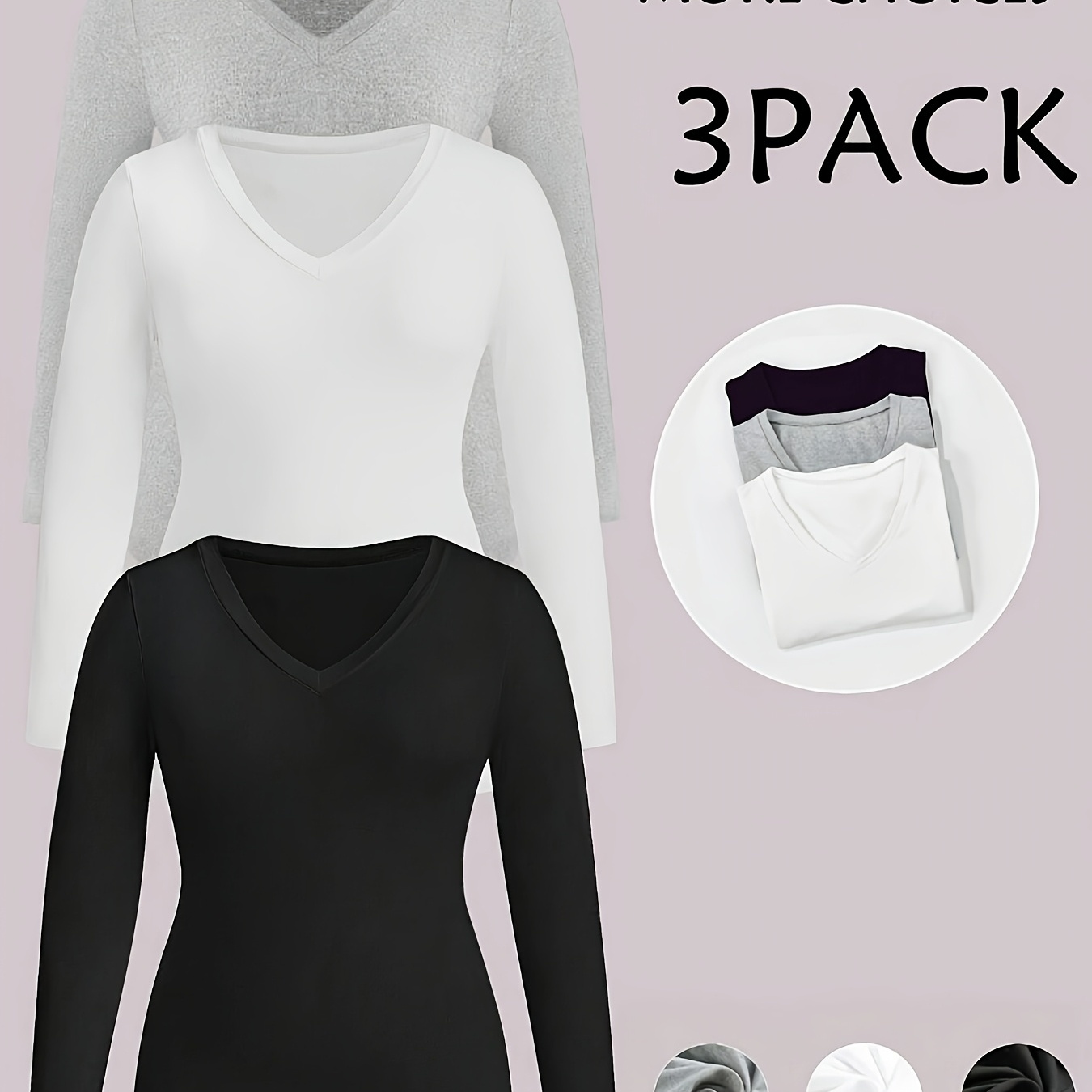 

3-Pack de tops à manches longues pour femmes taille plus, col en V, style élégant, tissu polyester stretch, toutes , détail, t-shirts de mode