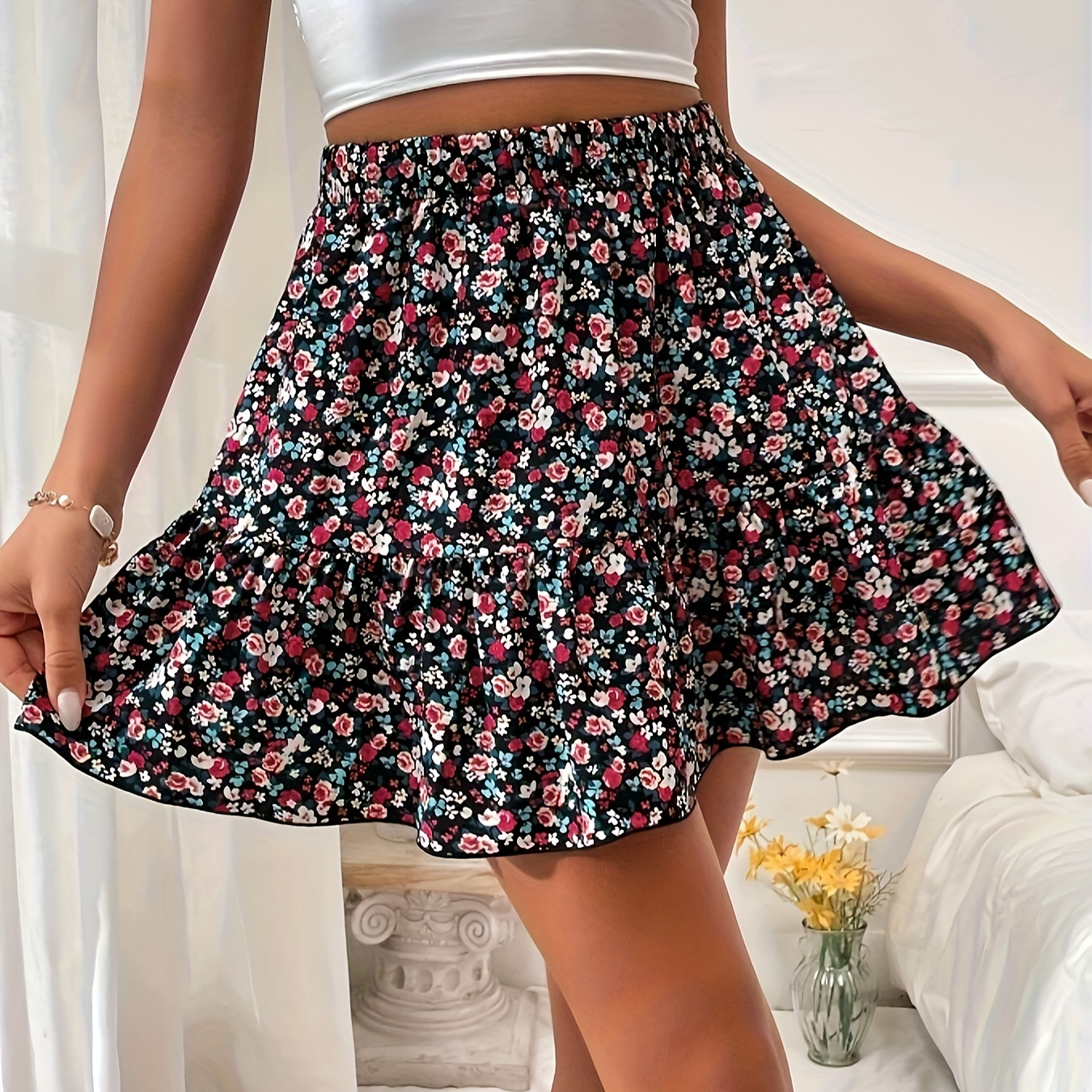 

Ditsy Floral Print Elastic Waist Skirt, Elegant Ruffle Hem Crop Skirt For Every Day, Women's Clothing