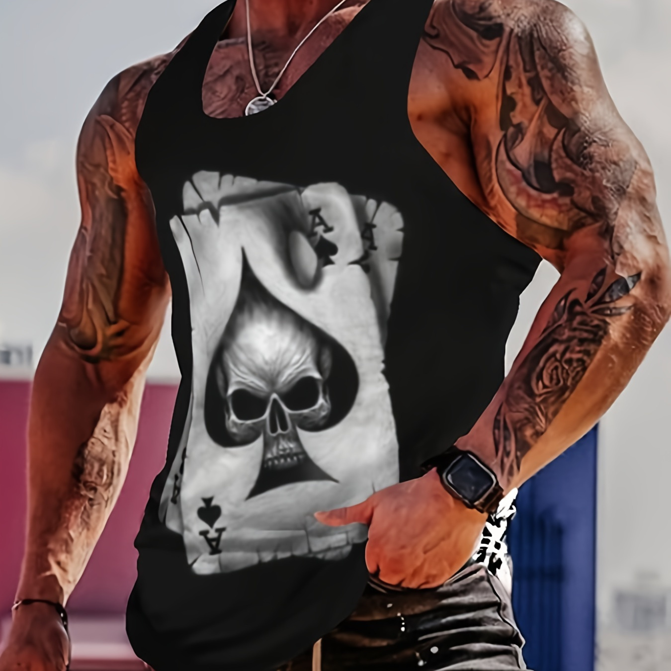 

Card Print Comfy Breathable Tank Top, Men's Casual Stretch Sleeveless T-shirt For Summer Gym Workout Training Basketball