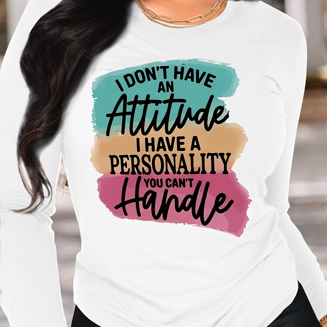 

Women's Long Sleeve Crew Neck T-shirt With "i Don't Have An Attitude" Quote Print - 100% Polyester Knit Fabric Cartoon Applique Casual Style Top For Fall/winter