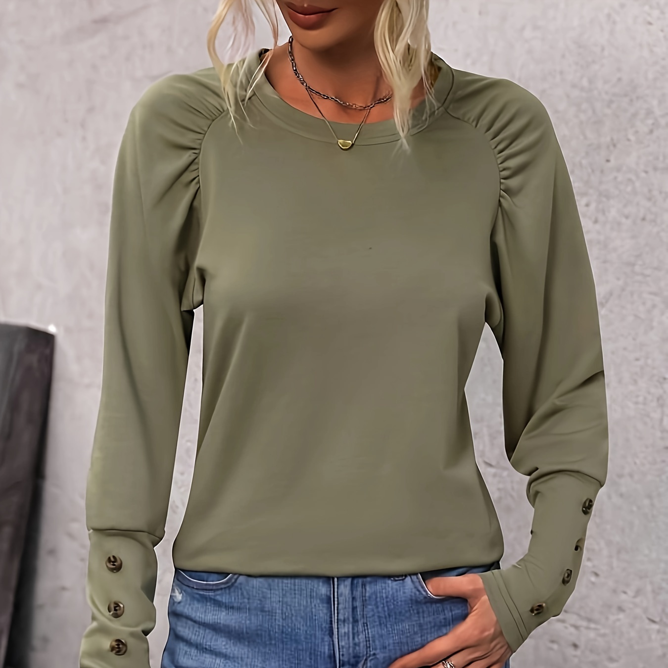 

Button Decor Crew Neck Ruched Top Casual Long Sleeve T-shirt For Spring & Fall, Women's Clothing