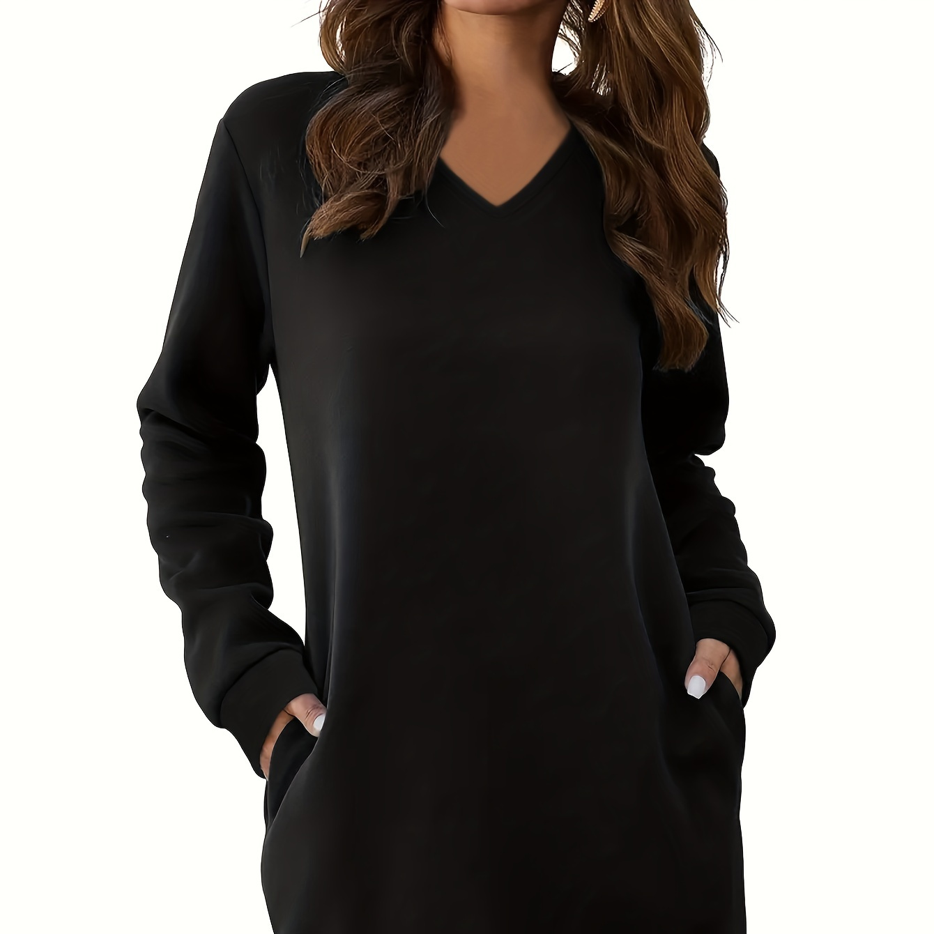 

Solid Color V-neck Pockets Dress, Casual Long Sleeve Dress For Spring & Fall, Women's Clothing