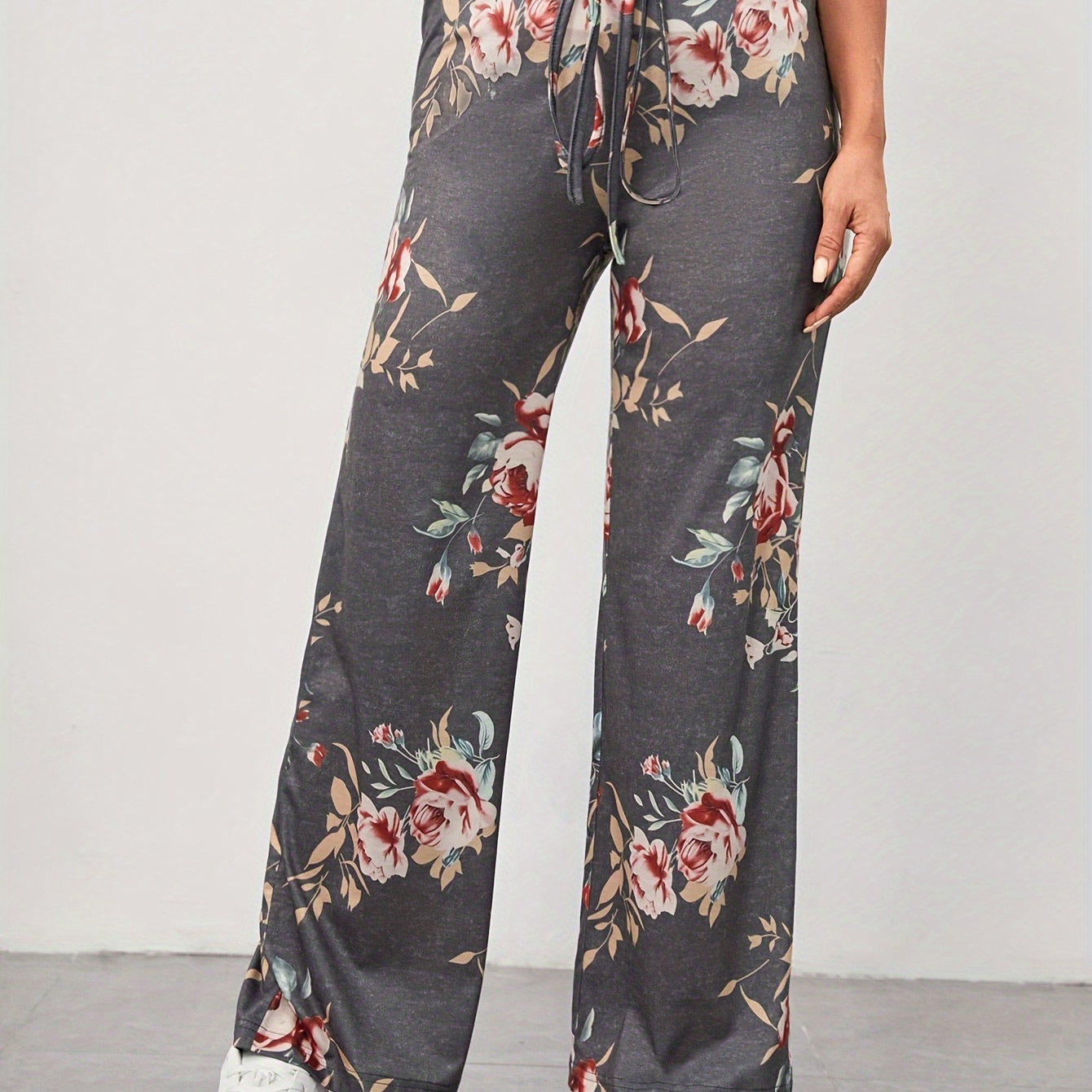 

Floral Print Straight Leg Pants, Casual High Waist Loose Tied Pants For Spring & Summer, Women's Clothing
