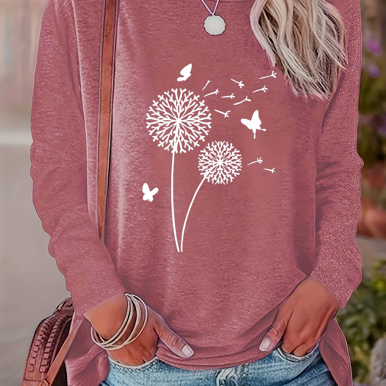 

Dandelion Print Long Sleeve T-shirt, Casual Crew Neck Top For Spring & Fall, Women's Clothing