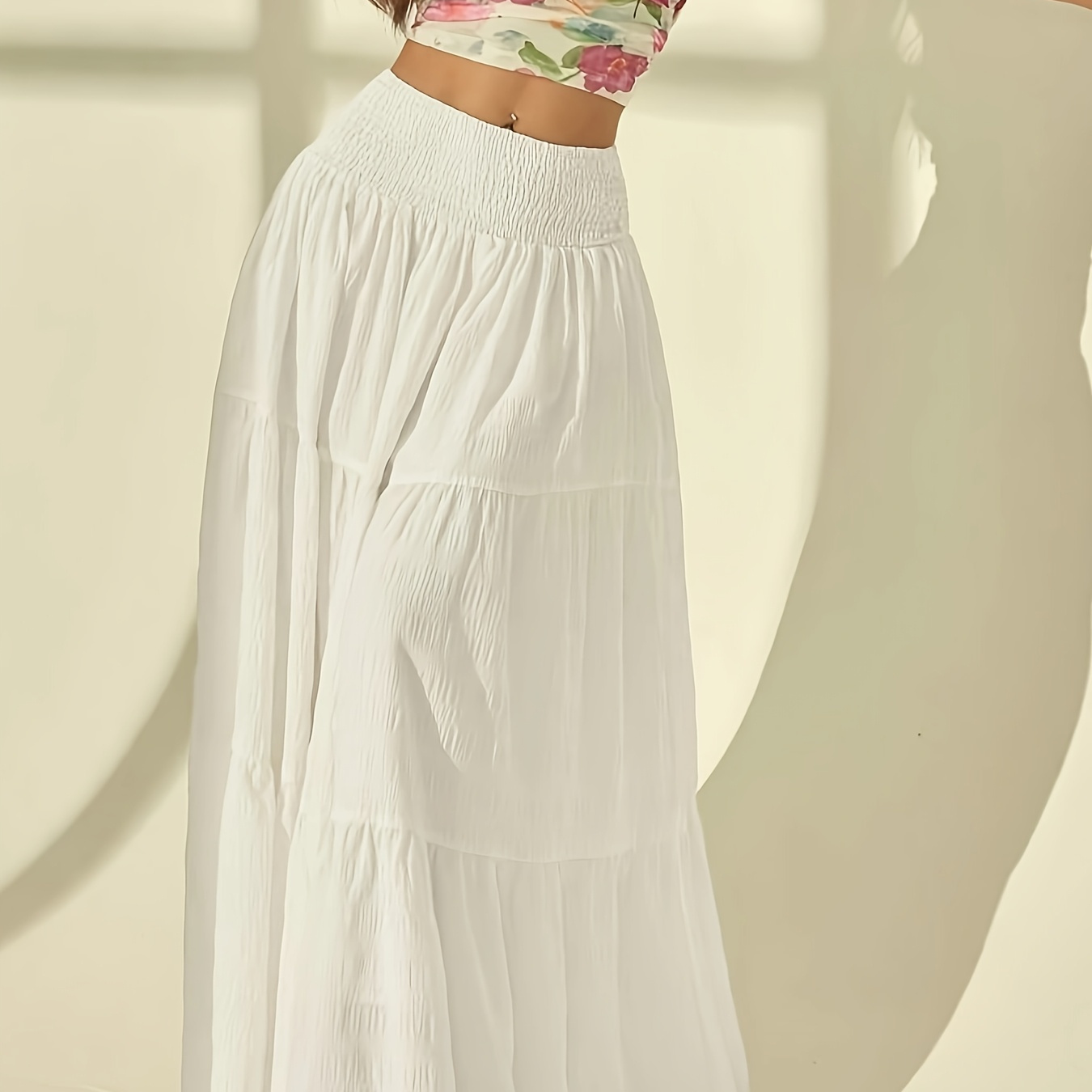 Jupe maxi élégante en tissu texturé pour femme - Jupe légère pour les vacances d'été avec ourlet froncé, blanc, parfaite pour la plage ou les sorties décontractées, jupe de plage