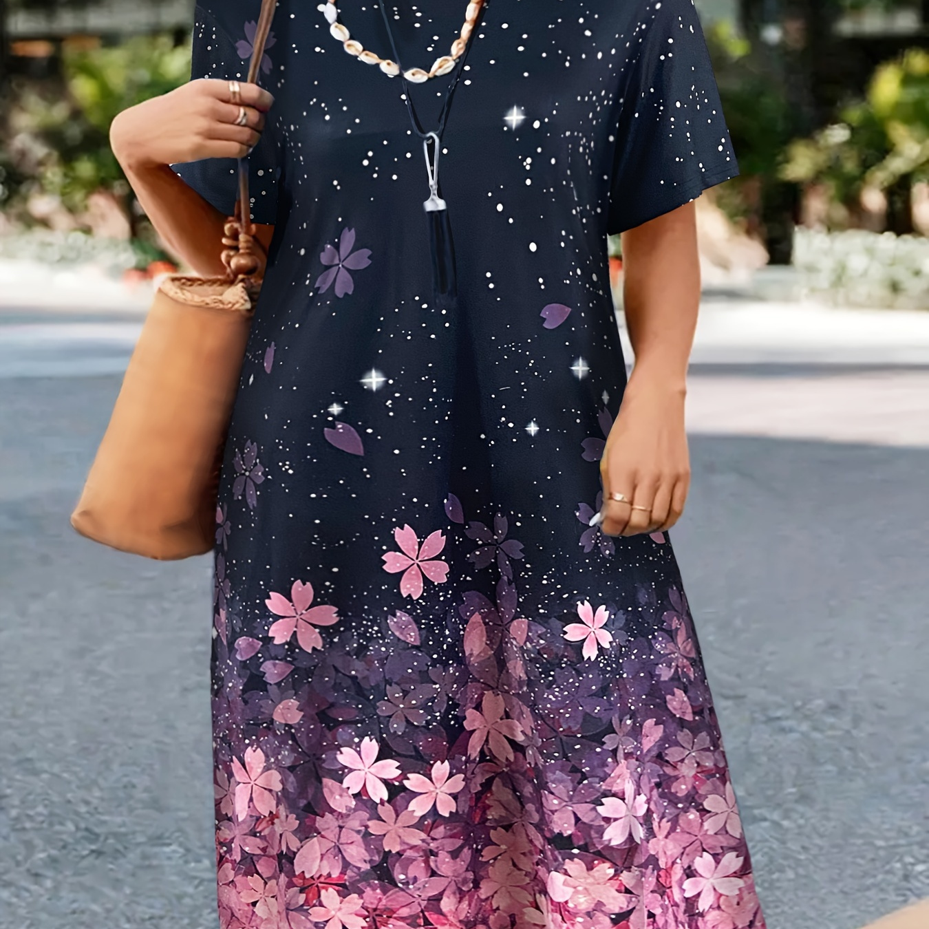 

Floral Print Color Block Dress, Elegant Short Sleeve Dress For Spring & Summer, Women's Clothing