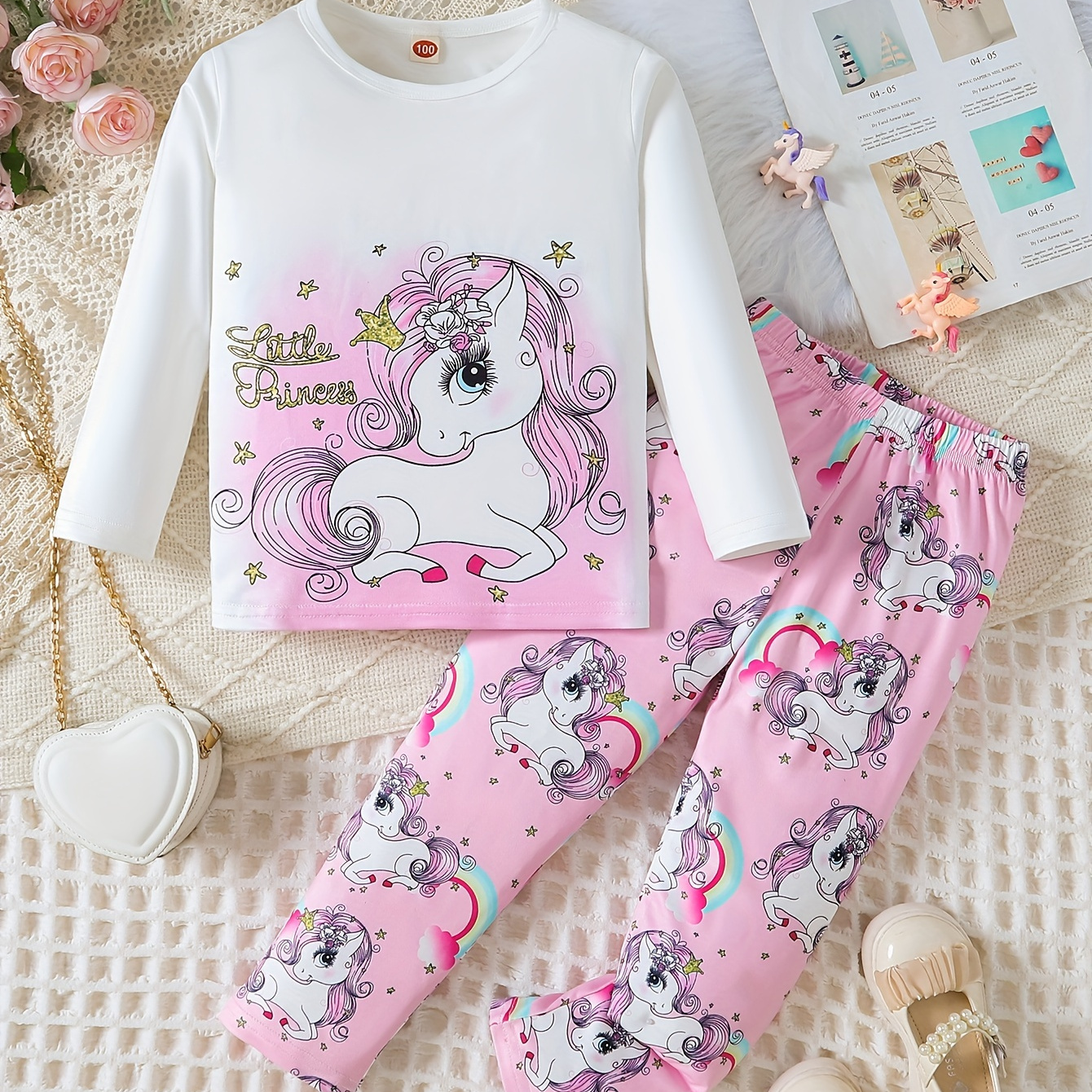 

Toddler Girls 2-piece Trendy Pajama Sets Cartoon Unicorn Pattern Round Neck Long Sleeve Top & Matching Allover Unicorn Print Pants Casual Pj Sets