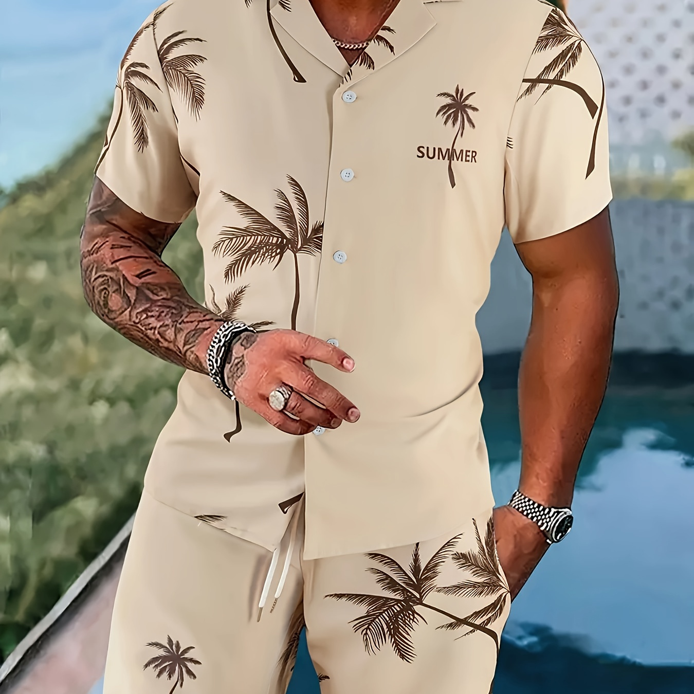 

Men's 2-piece Set, 3d Palm Tree Print, Summer Casual Short-sleeve Collared Shirt & Drawstring Pocket Shorts