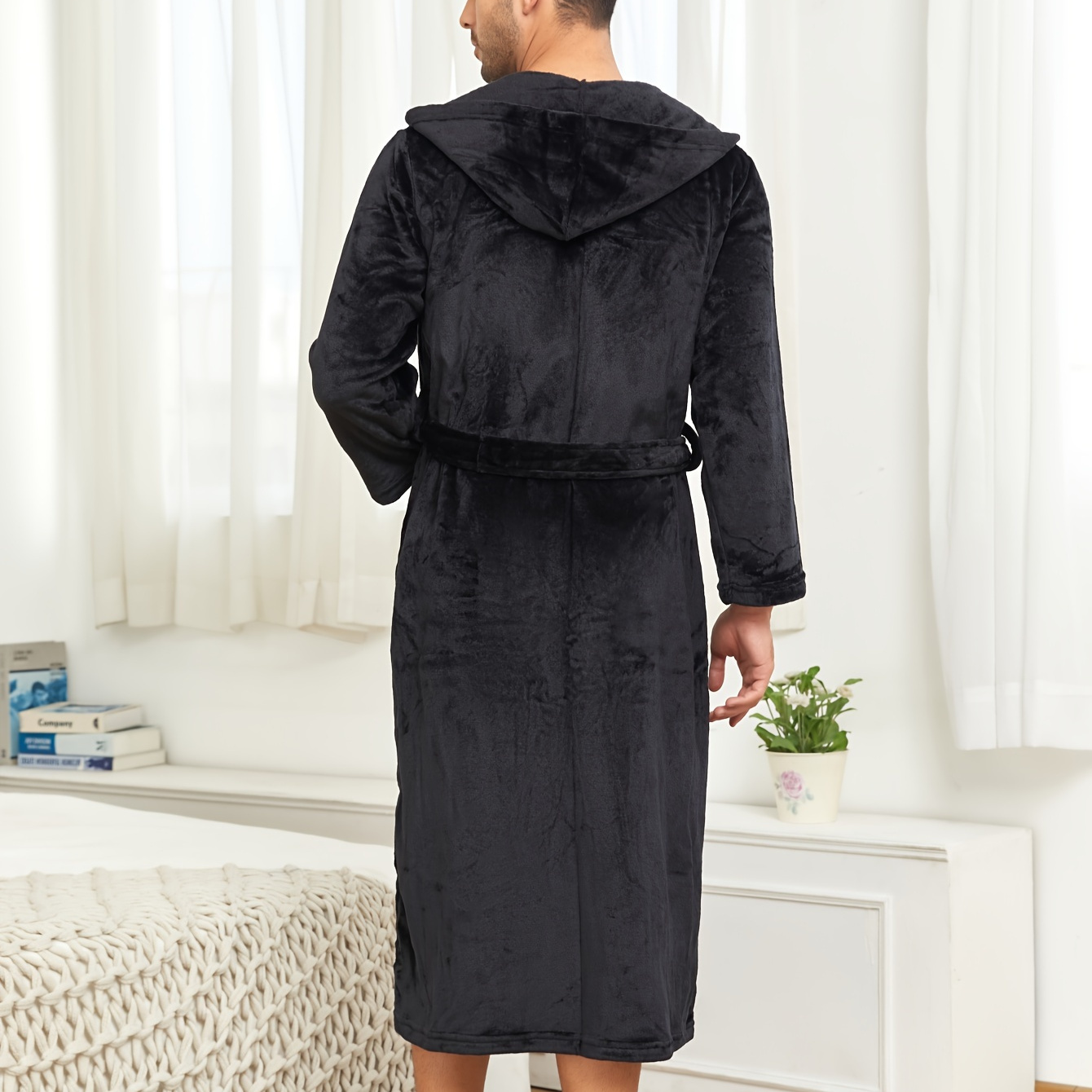 

Men's Breathable Comfy Solid Color Bathrobe With Belt For Home Pajamas Soft Flannel Double Layer Hooded Sleepwear Night-robe Set After A Bath