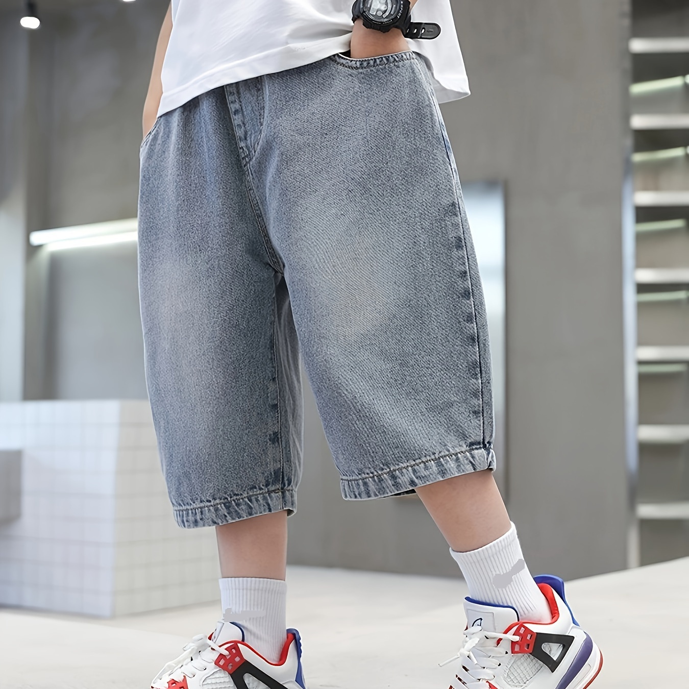

Boy's Cartoon Graphic Pattern Wide Leg Cropped Jeans, Loose Comfy Trendy Jeans For Spring Summer Fall