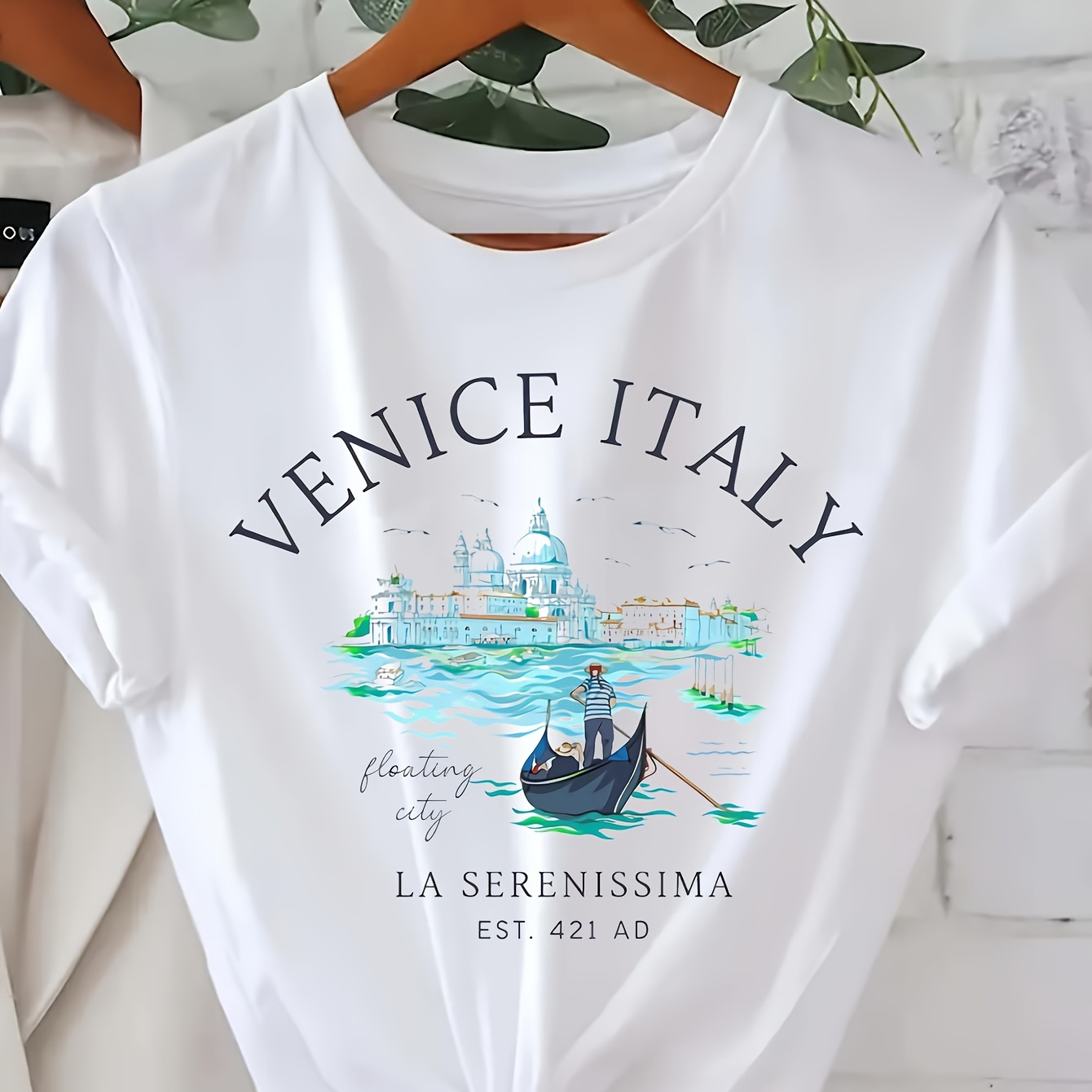 

Italy Print T-shirt, Short Sleeve Crew Neck Casual Top For Summer & Spring, Women's Clothing