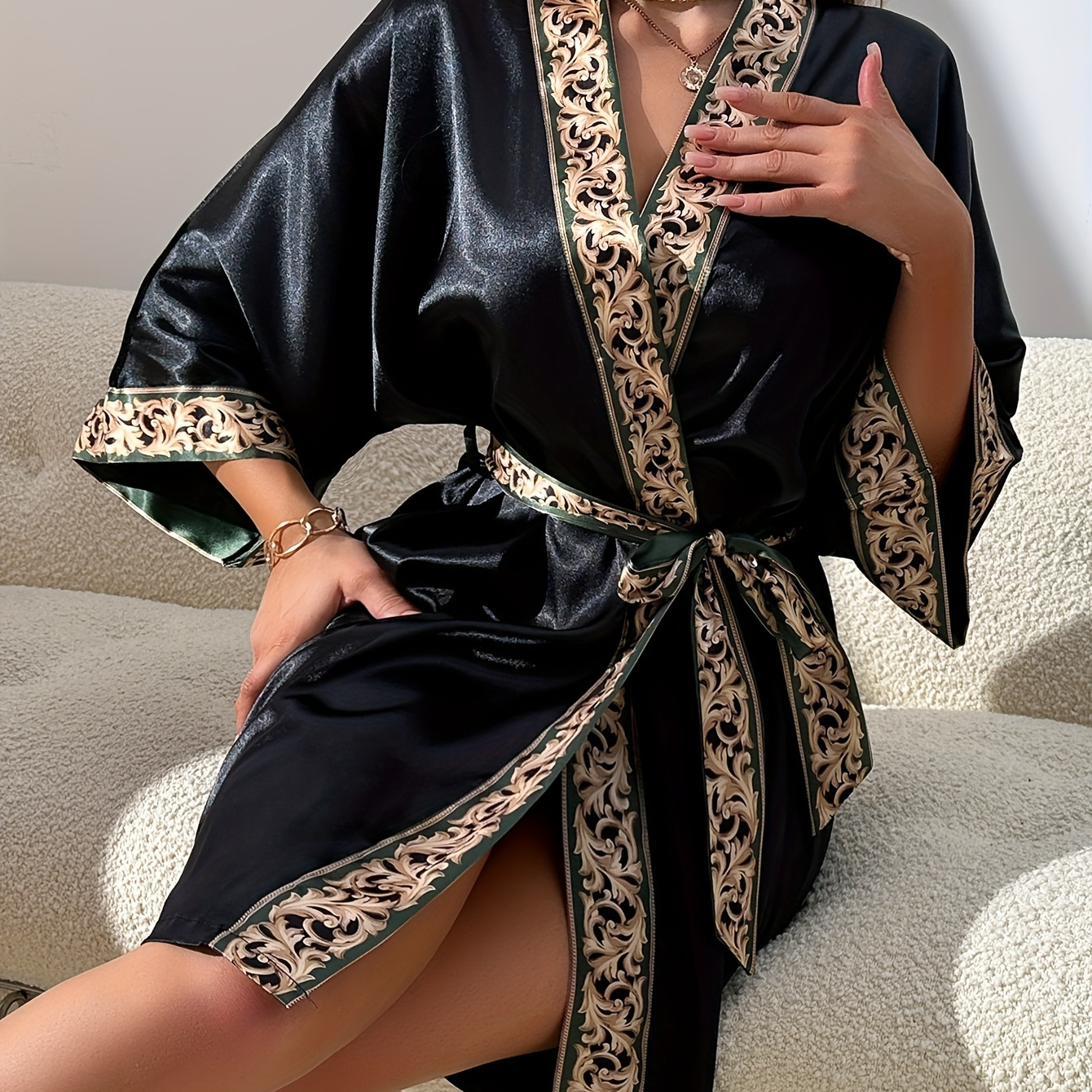 

Elegant Women's V-neck Satin Robe - Long Sleeve, Belted Lounge Dress With Floral Print, Machine Washable