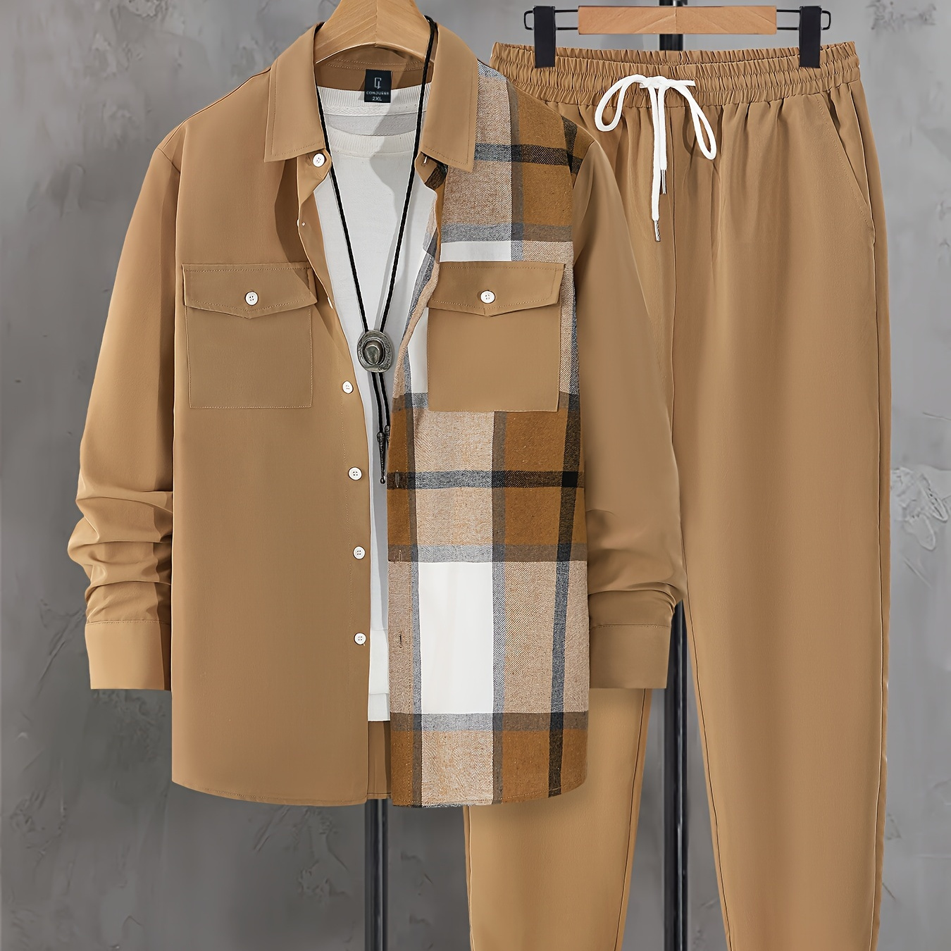 

2pcs, Plus Size, Men's Long Sleeve Lapel Collar Button Up Shirt & Drawstring Pants With Pockets, Men's Trendy Casual Outfit For