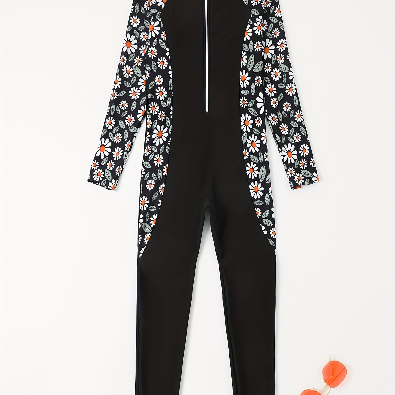 

Contrast Flower Print 1pc Wetsuit For Girls, Full Length Zip-up Swimwear For Beach Pool Practice