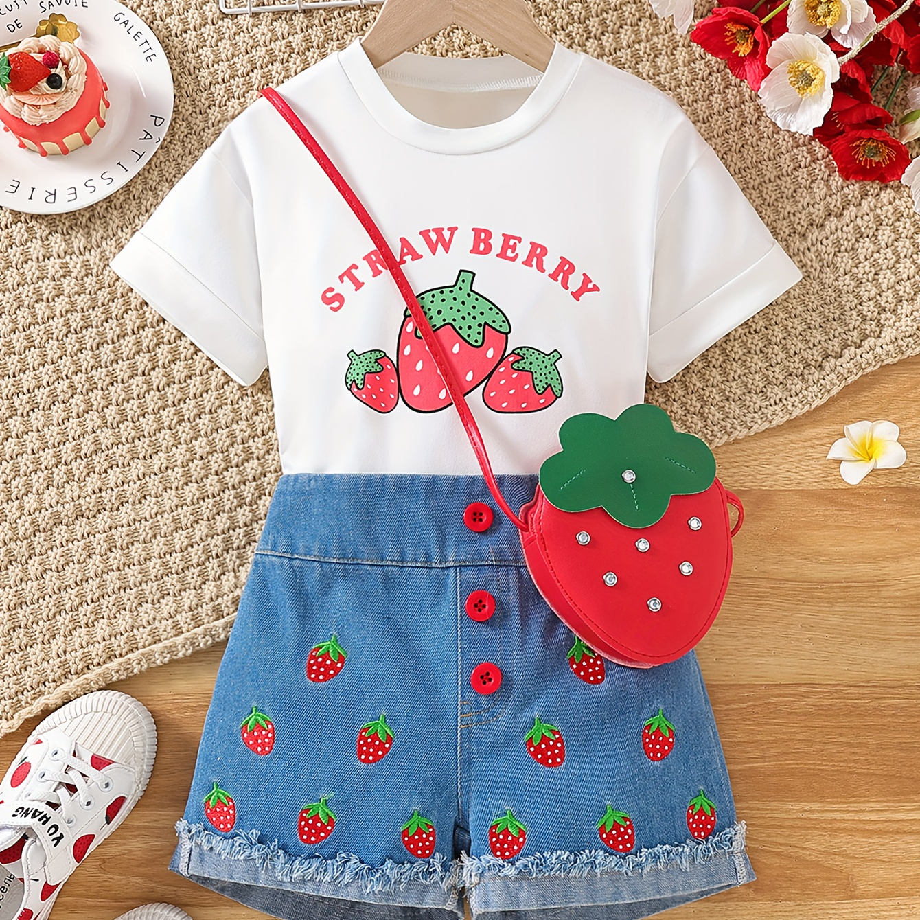 

Cute Strawberry Graphic 2pcs Girls Short Sleeve T-shirt + Denim Shorts Set For Summer Gift