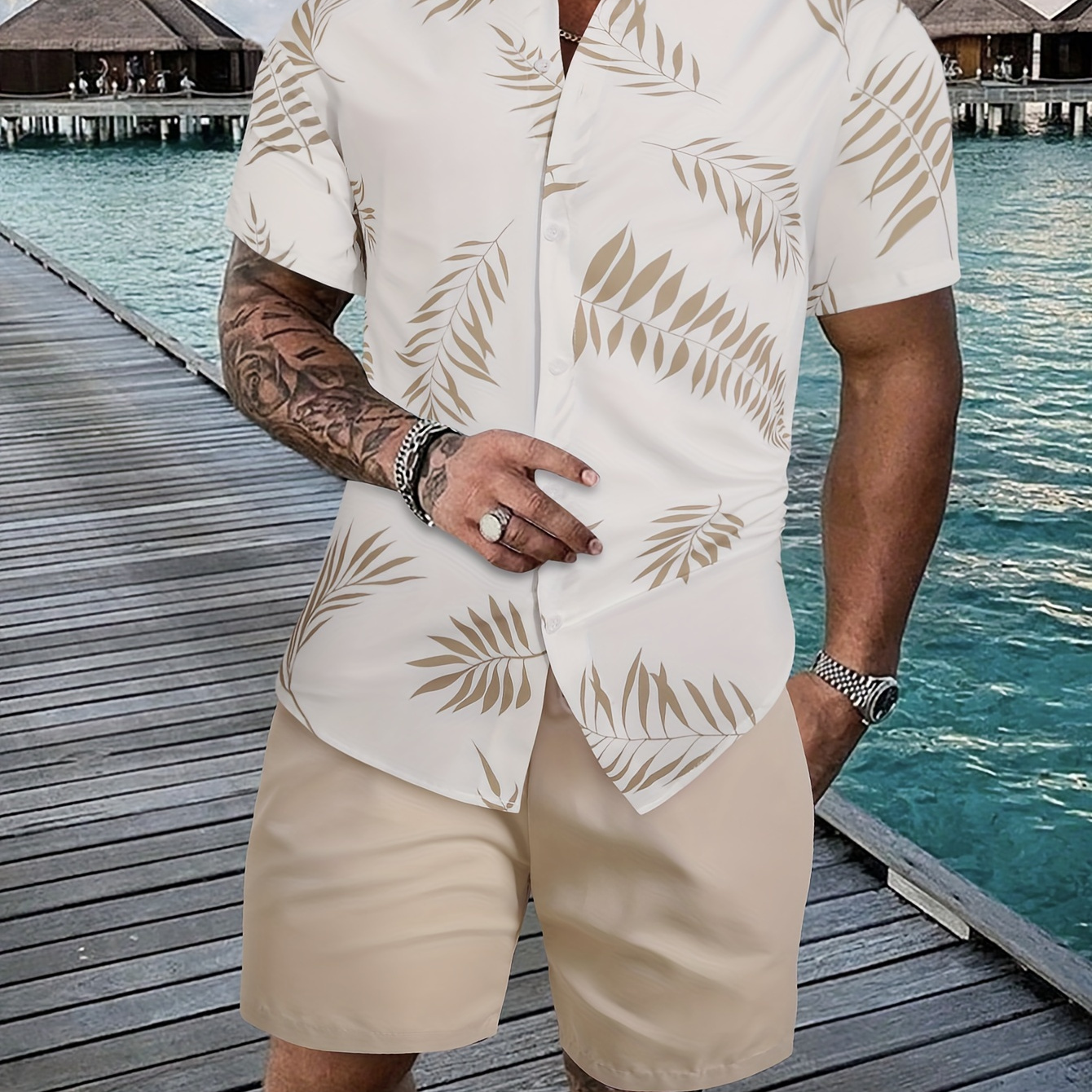 

Leaf Print Men's 2pcs Outfits, Casual Camp Collar Lapel Button Up Short Sleeve Shirts Hawaiian Shirt And Drawstring Shorts Co Ord Set For Summer, Men's Clothing