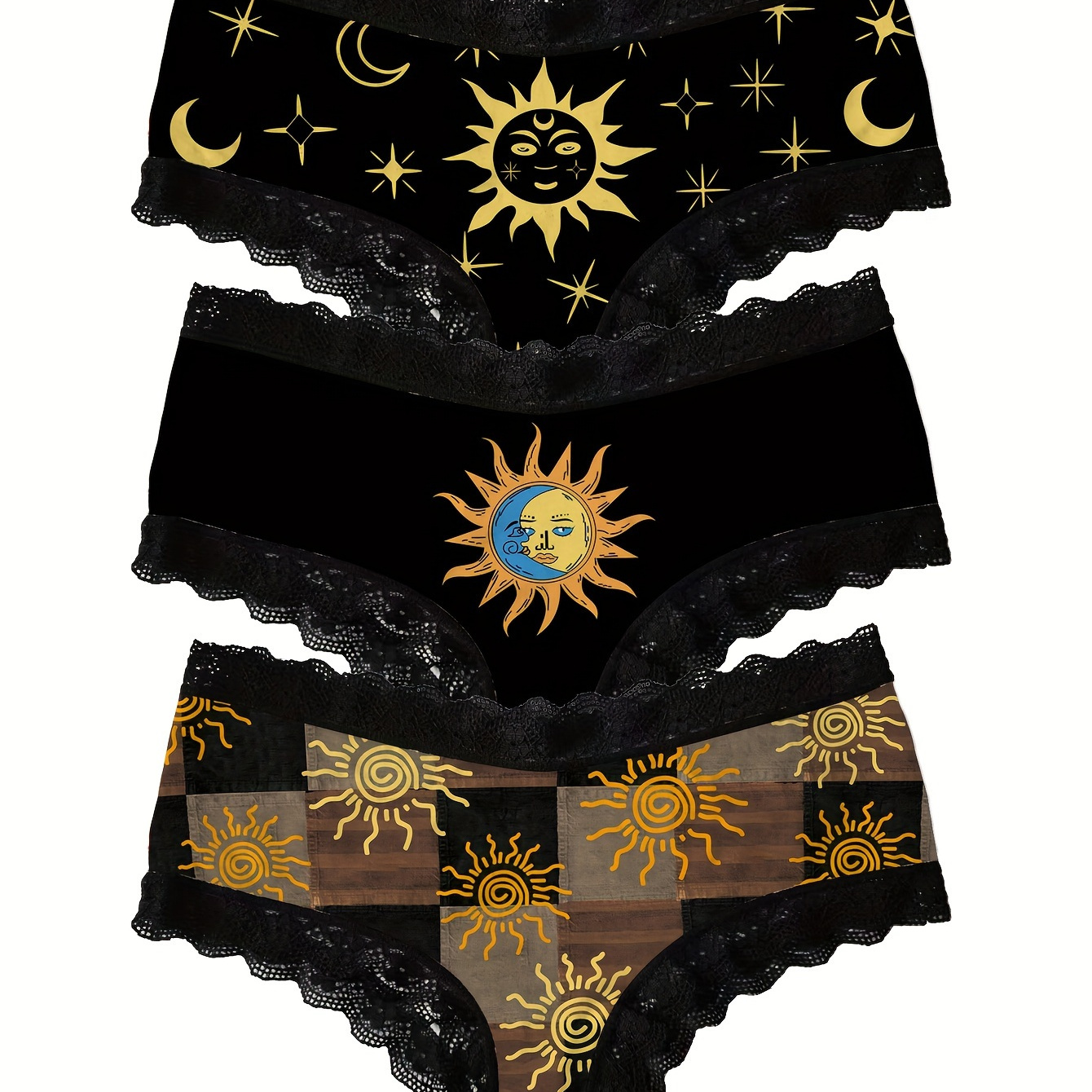 

3pcs Sun Print Lace Trim Briefs, Comfy Breathable Stretchy Intimates Panties, Women's Lingerie & Underwear