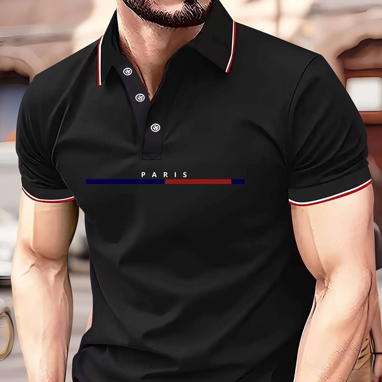 

Golf T-shirt Casual Short Sleeve Polyester Button Slight Stretch With Blue And Red Stripe Printed