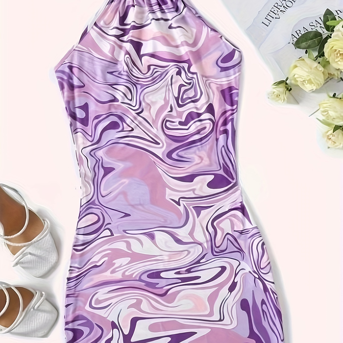 

Marble Print Halter Neck Dress, Elegant Sleeveless Dress For Spring & Summer, Women's Clothing