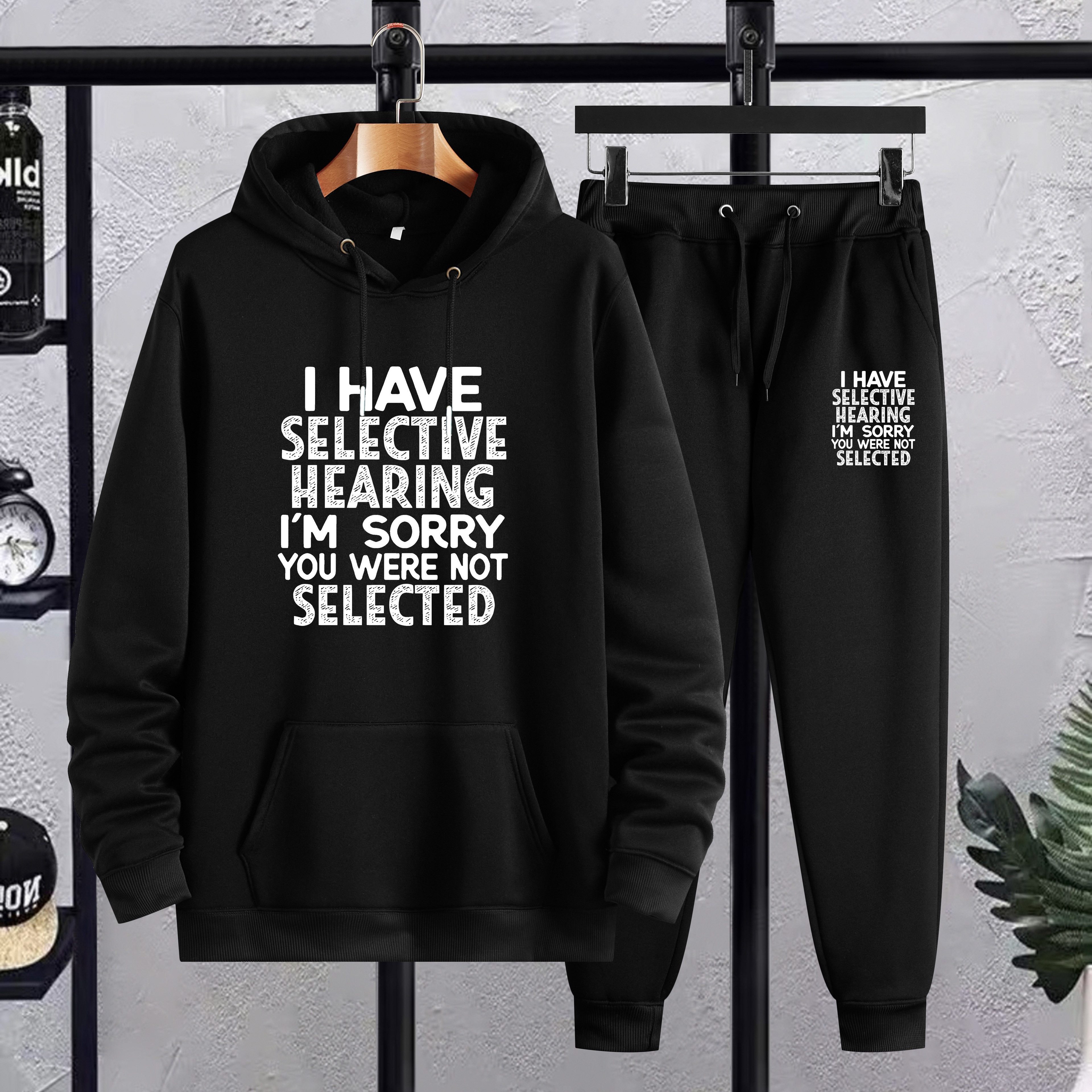 

Plus Size Men's 2pcs Outfits, "i Have Selective Hearing" Graphic Print Hooded Sweatshirt & Sweatpants Set For Fall Winter, Men's Clothing