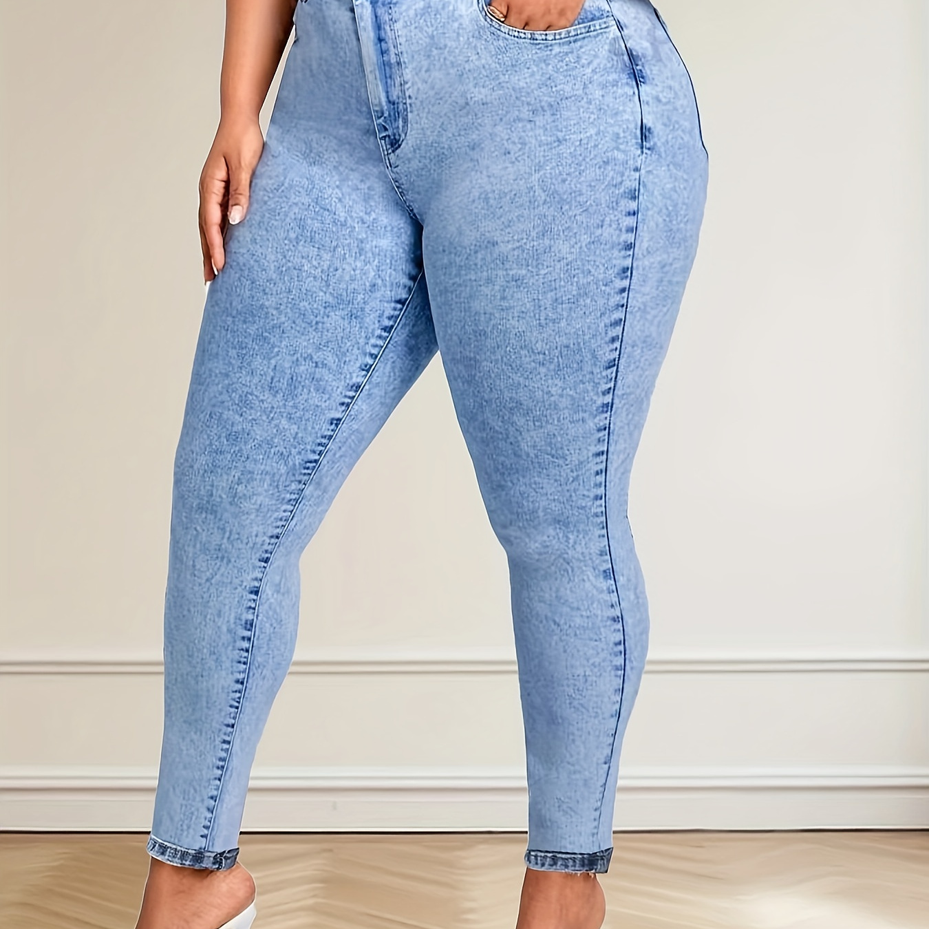 

Size Blue Stretch Skinny Jeans For Women - Elegant, High-waist, Button Detail, Wear