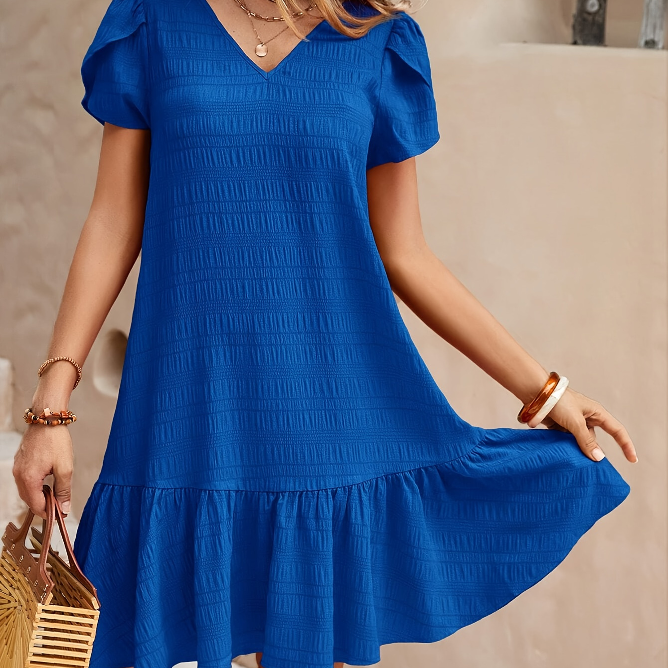 

1pc Elegant V-neck Sleeve A-line Dress With Ruffle Hem, Solid Color Polyester Short Dress For Women, Spring/summer/