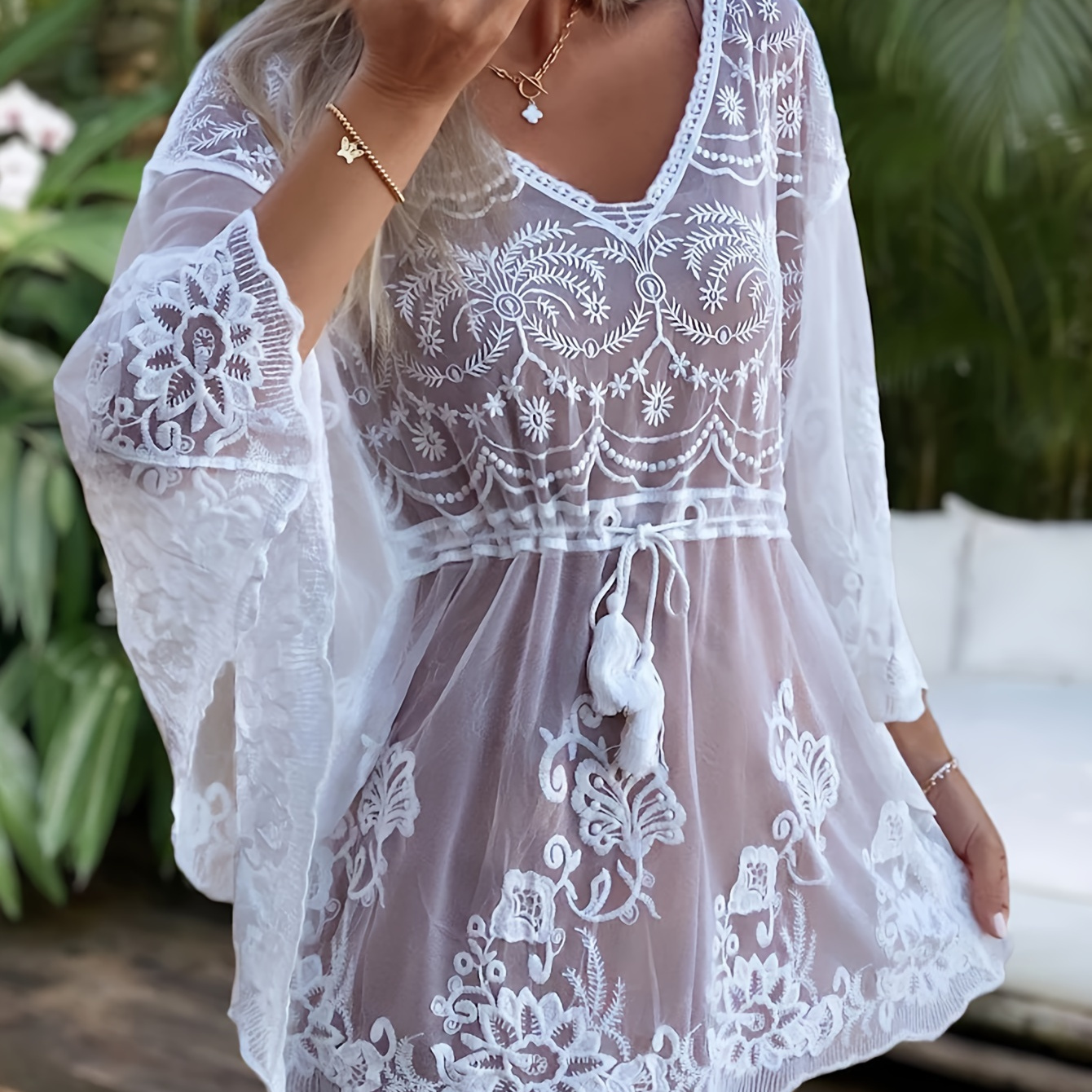 

Women's Elegant Beach Cover-up, Lace Hollow Out, Batwing Sleeve, Beach Outerwear