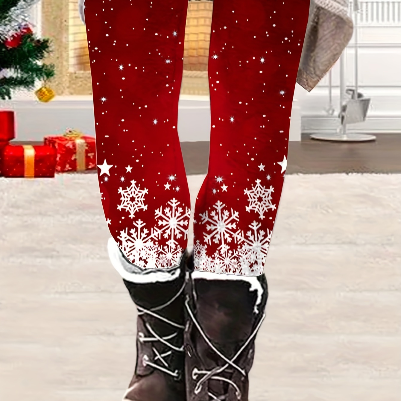 

Christmas Snowflake Print Skinny Leggings, Casual Elastic Waist Stretchy Leggings, Women's Clothing