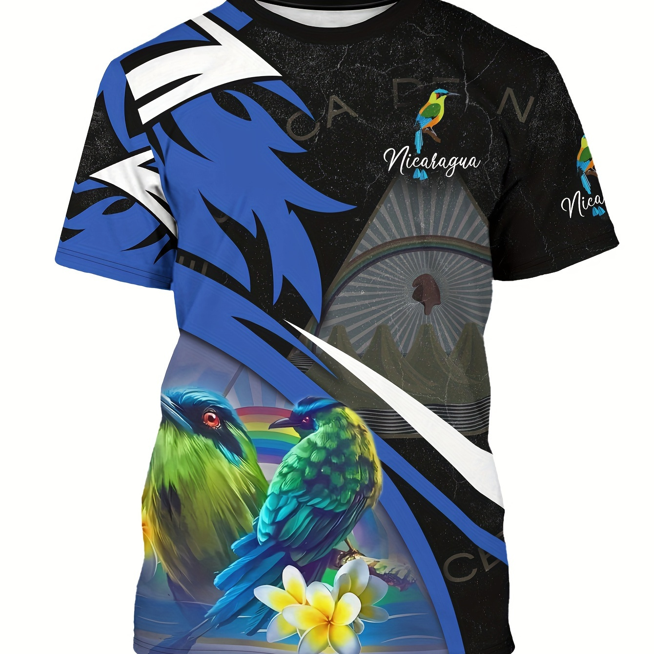 

Men's Nicaragua Theme Bird, Floral And Color Block Pattern Crew Neck Short Sleeve T-shirt, Chic And Trendy Tops For Summer Outdoors And Holiday Wear