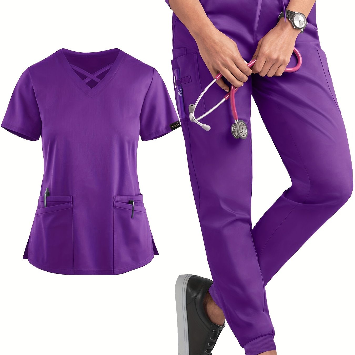 Solid Two-piece Set, Casual Short Sleeve Scrub T-shirt & Drawstring Scrub Pants Outfits For Medical Care, Women's Clothing