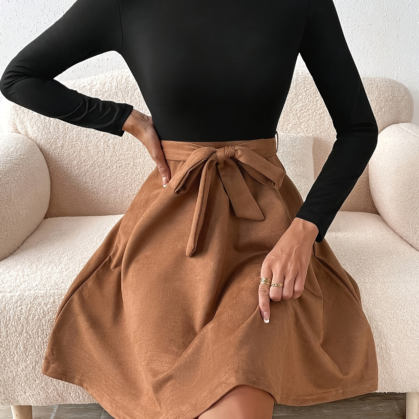 

Women's Elegant Two-tone Turtleneck Dress With Belt, Polyester Knit, Long Sleeve, A-line Skirt, Spring/autumn Fashion, No Padding, Short Length