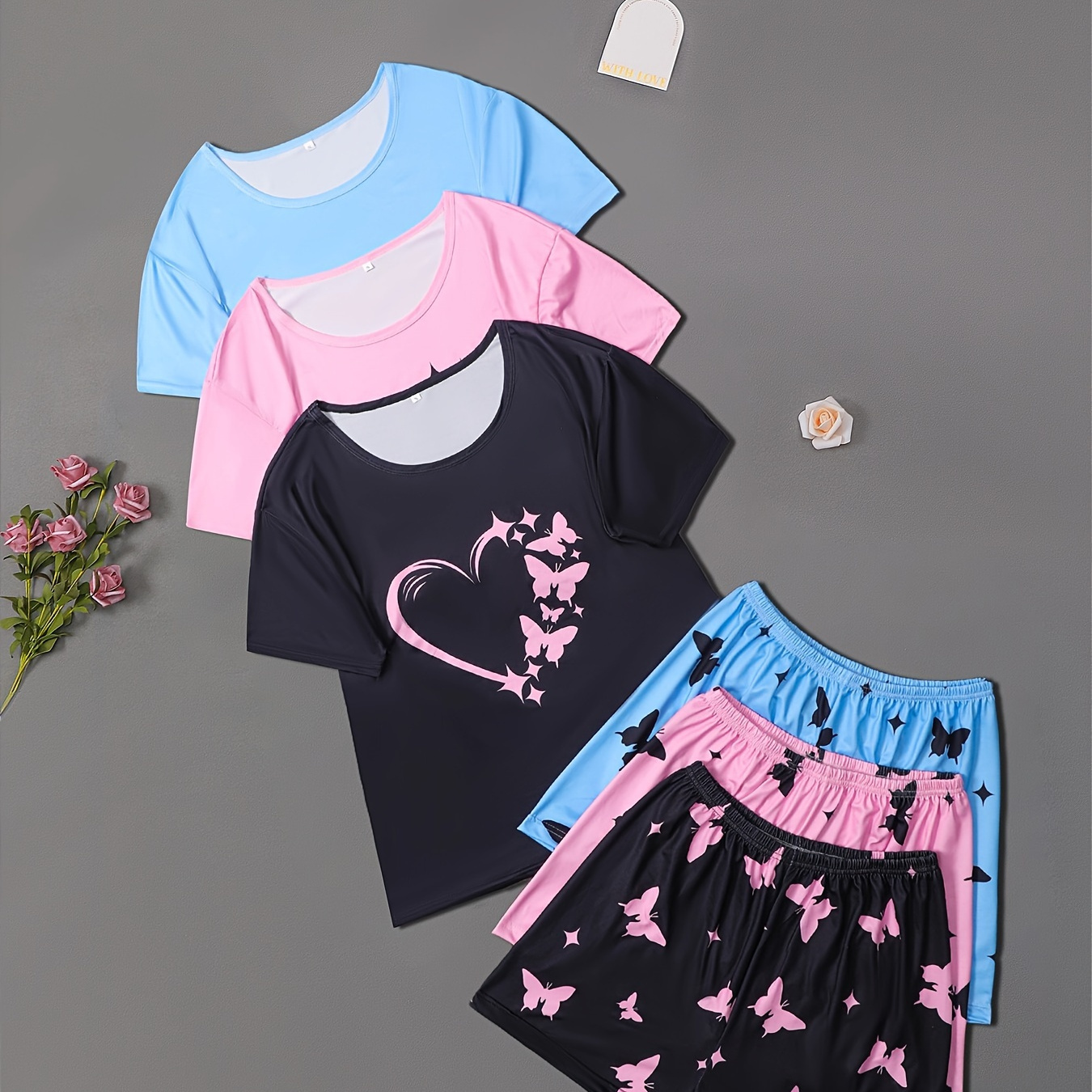 

3 Sets Women's Heart & Butterfly Print Casual Pajama Set, Short Sleeve Round Neck Top & Shorts, Comfortable Relaxed Fit