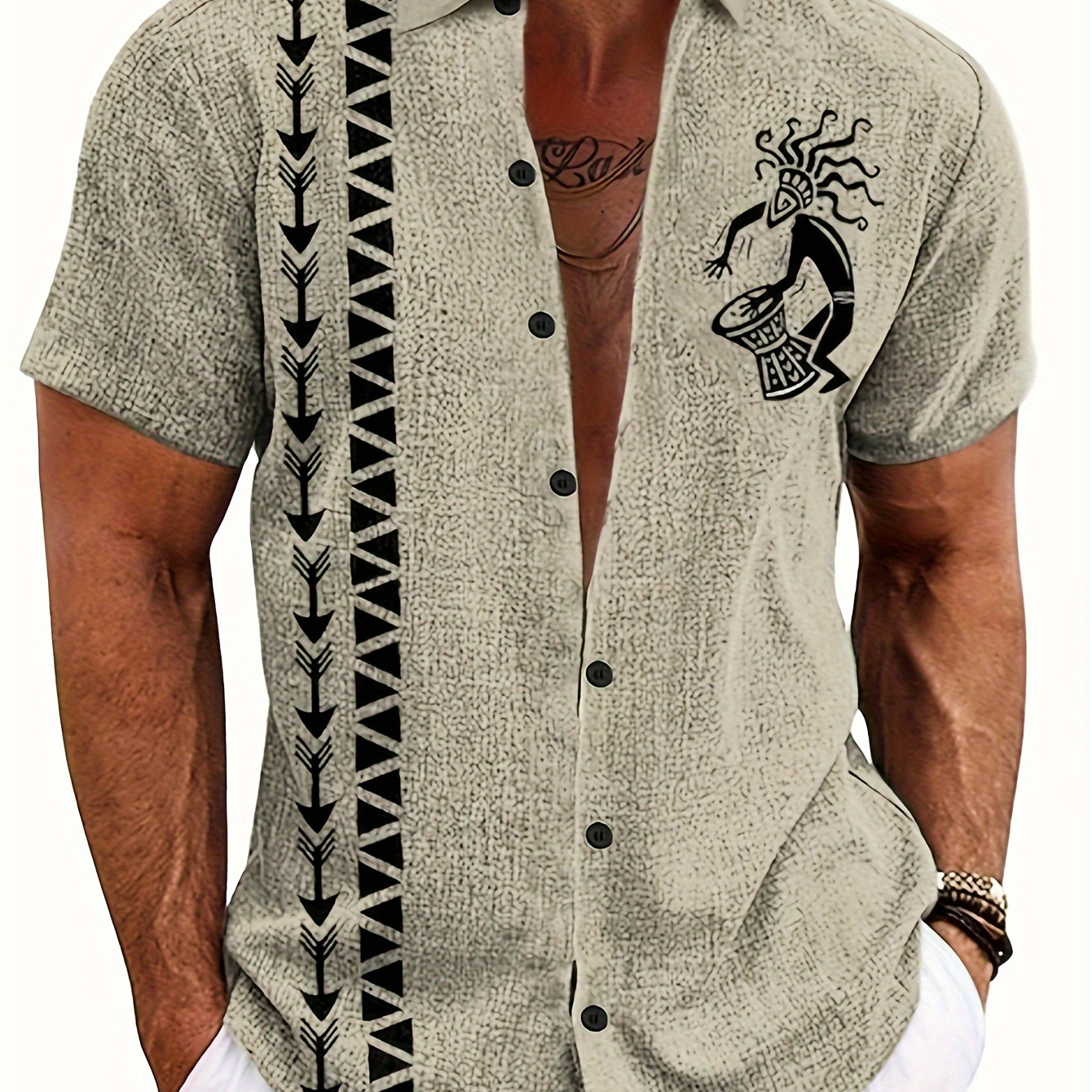 

Men's Ethnic Style Drummer Pattern Short Sleeve Shirt For Summer, Casual Comfy Shirt As Gift