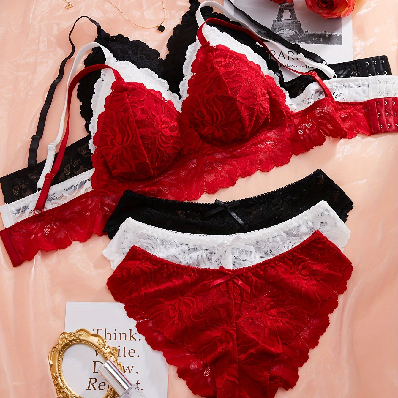 

3 Set Sexy Plain Lace Bra & Panty, Spaghetti Strap Bra & Bow Decor Mid Rise Panties Lingerie Set, Women's Lingerie & Underwear