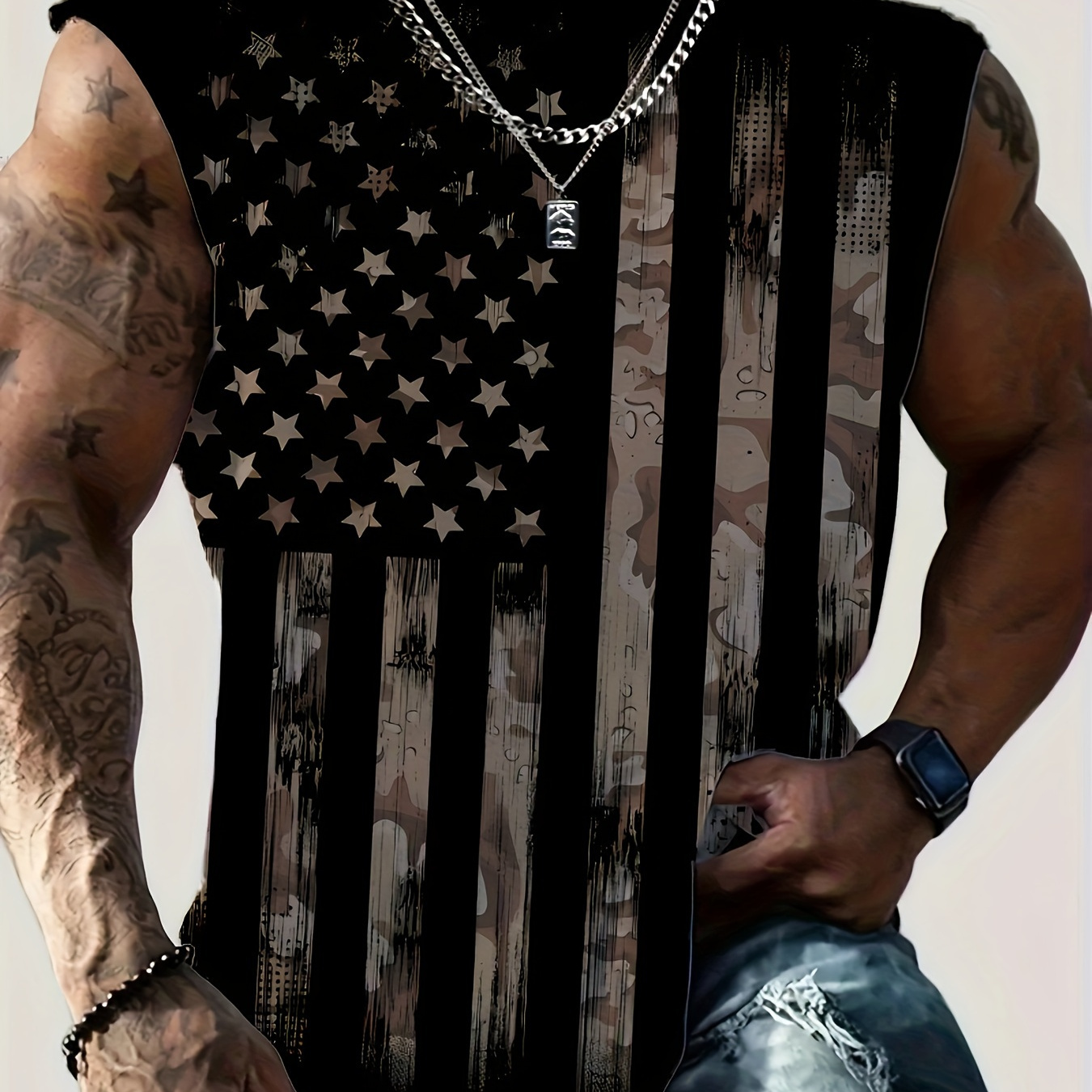 

Flag Print Comfy Breathable Tank Top, Men's Casual Stretch Sleeveless T-shirt For Summer Gym Workout Training Basketball