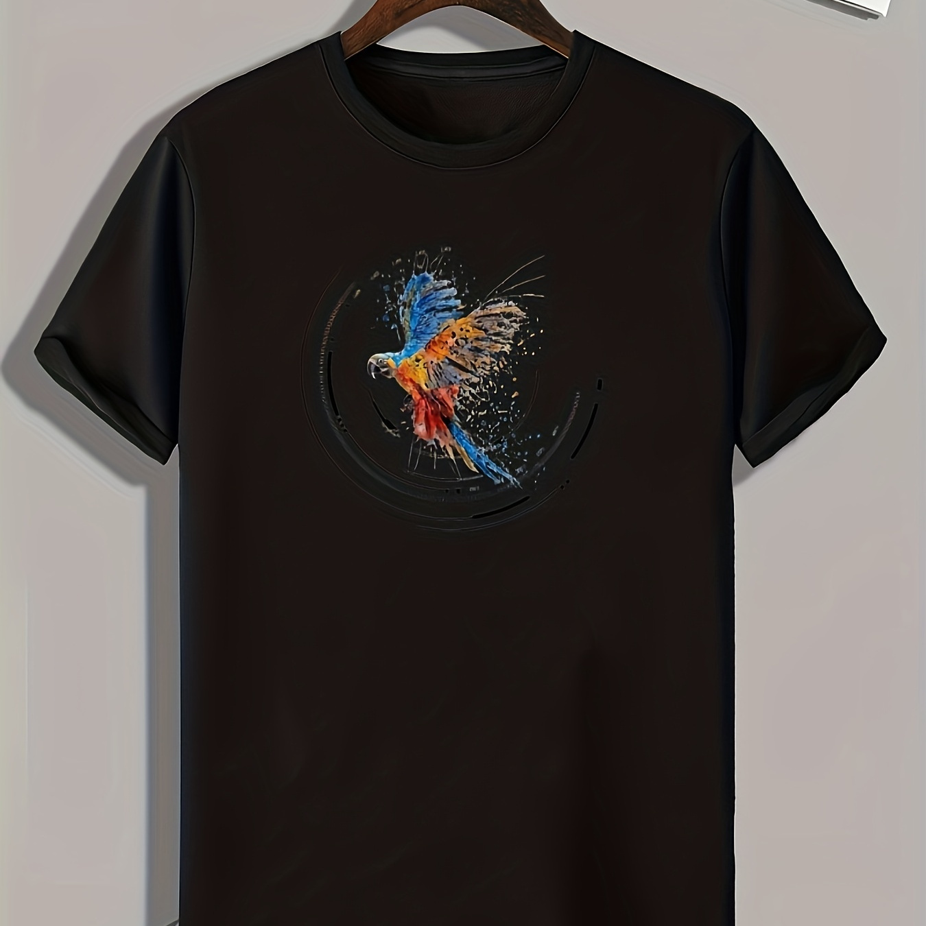 

Parrot Print, Men's Trendy Comfy T-shirt, Active Slightly Stretch Breathable Tee For Outdoor Summer