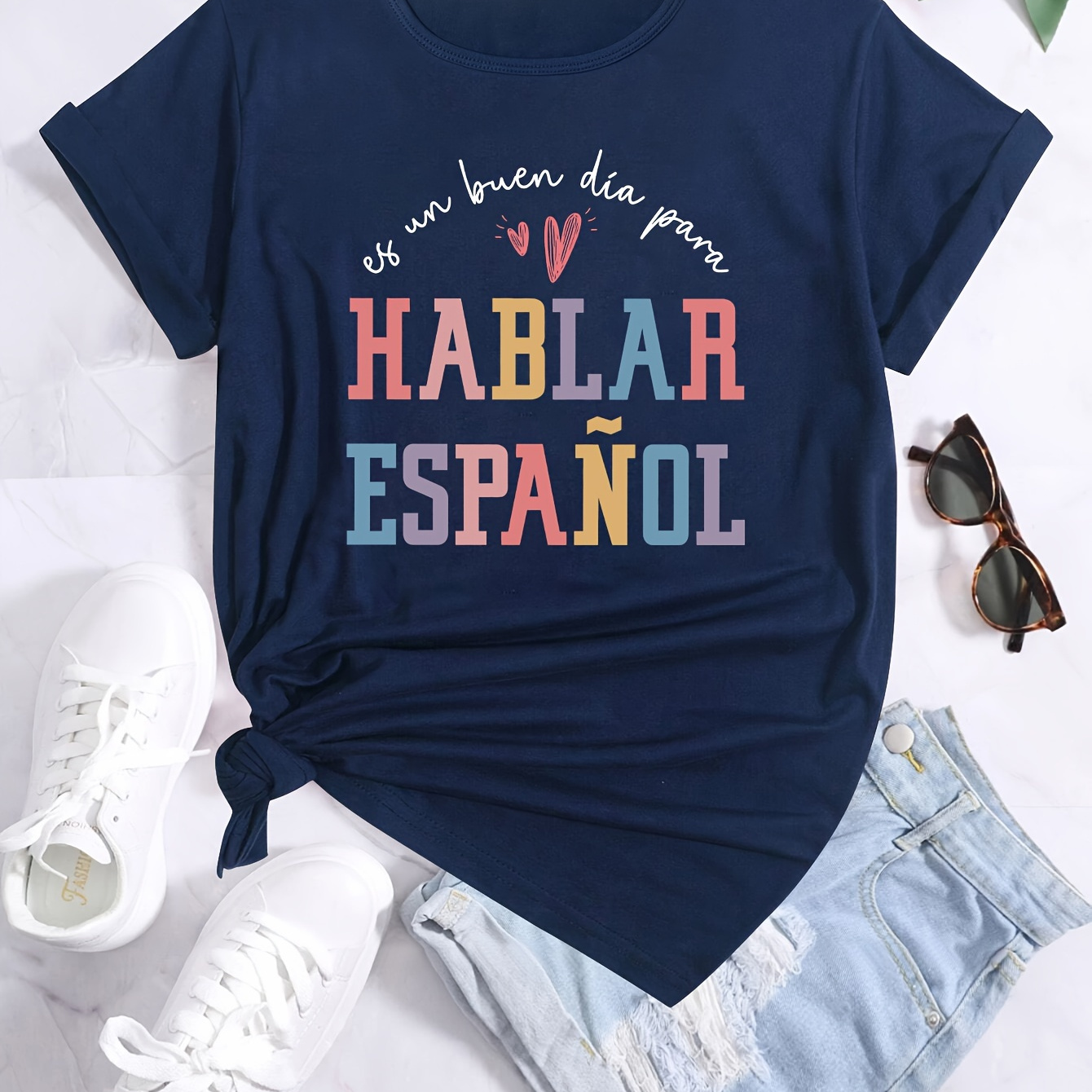 

Espanol Print Comfortable Soft T-shir, Round Neck Short Sleeve T-shirt, Loose Comfortable T-shirt With Funny Print