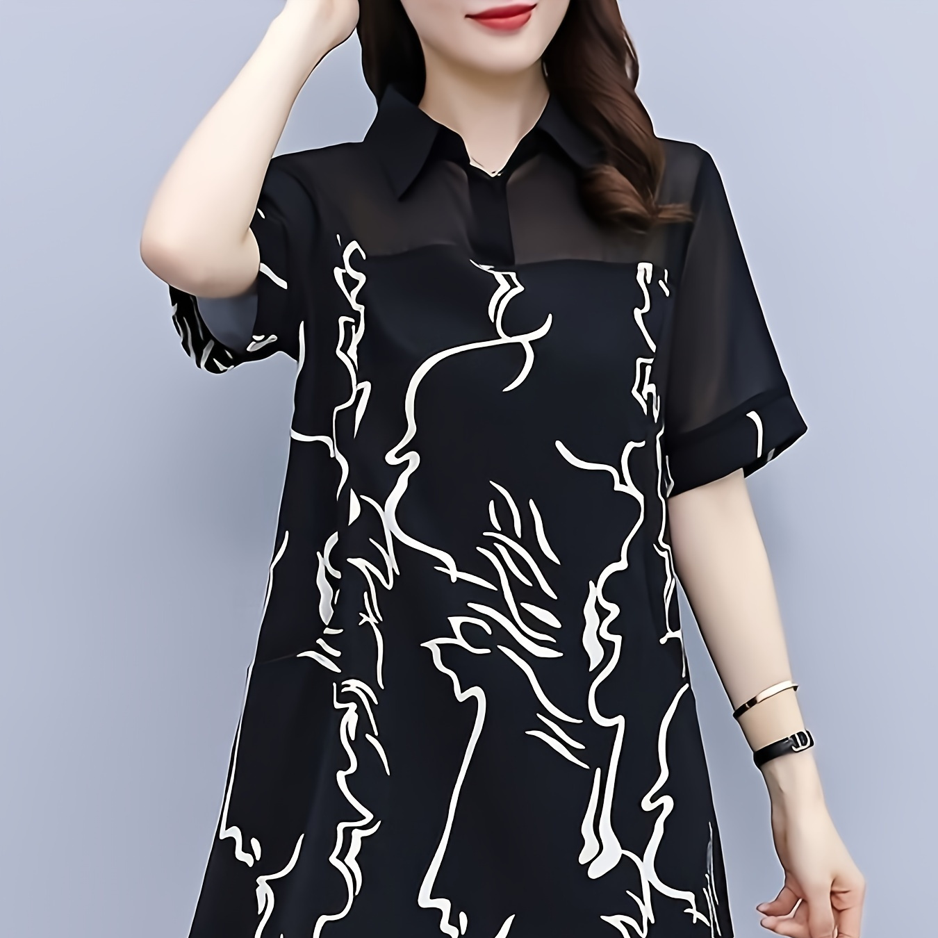 

Abstract Print Mesh Splicing Blouse, Casual Short Sleeve Pocket Blouse For Spring & Summer, Women's Clothing