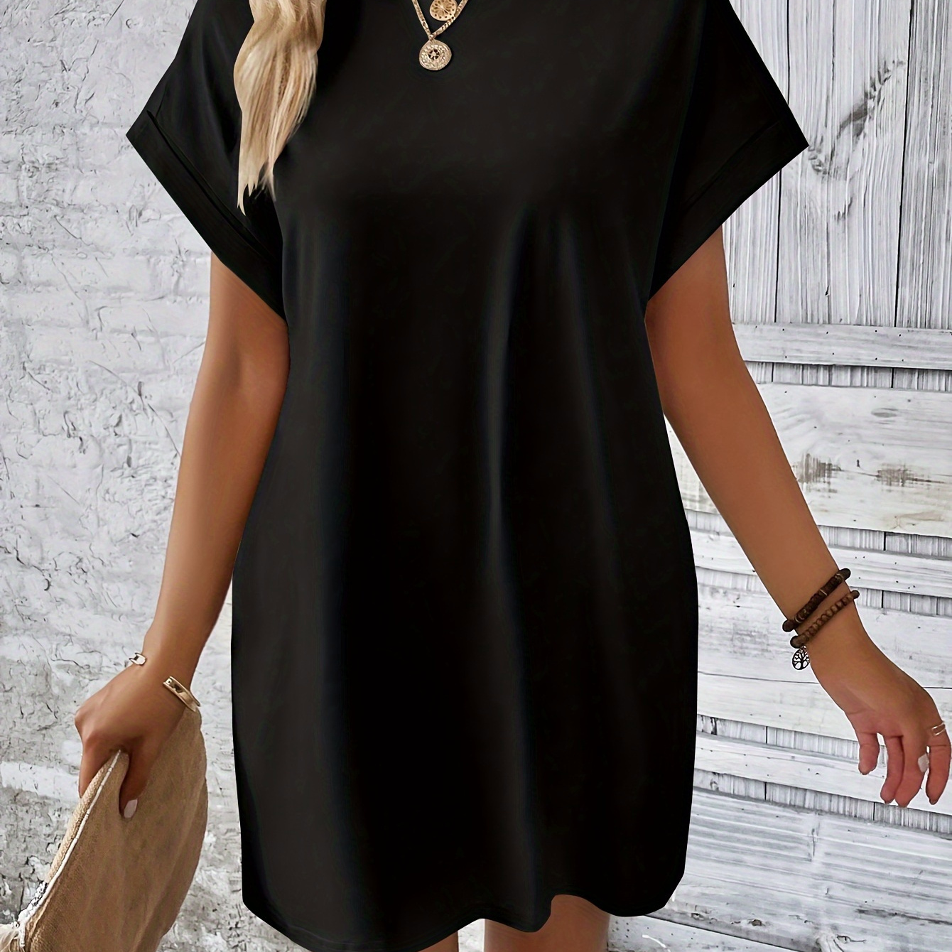 

Solid Color Crew Neck Mini Dress, Casual Short Sleeve Loose Dress With Pocket, Women's Clothing
