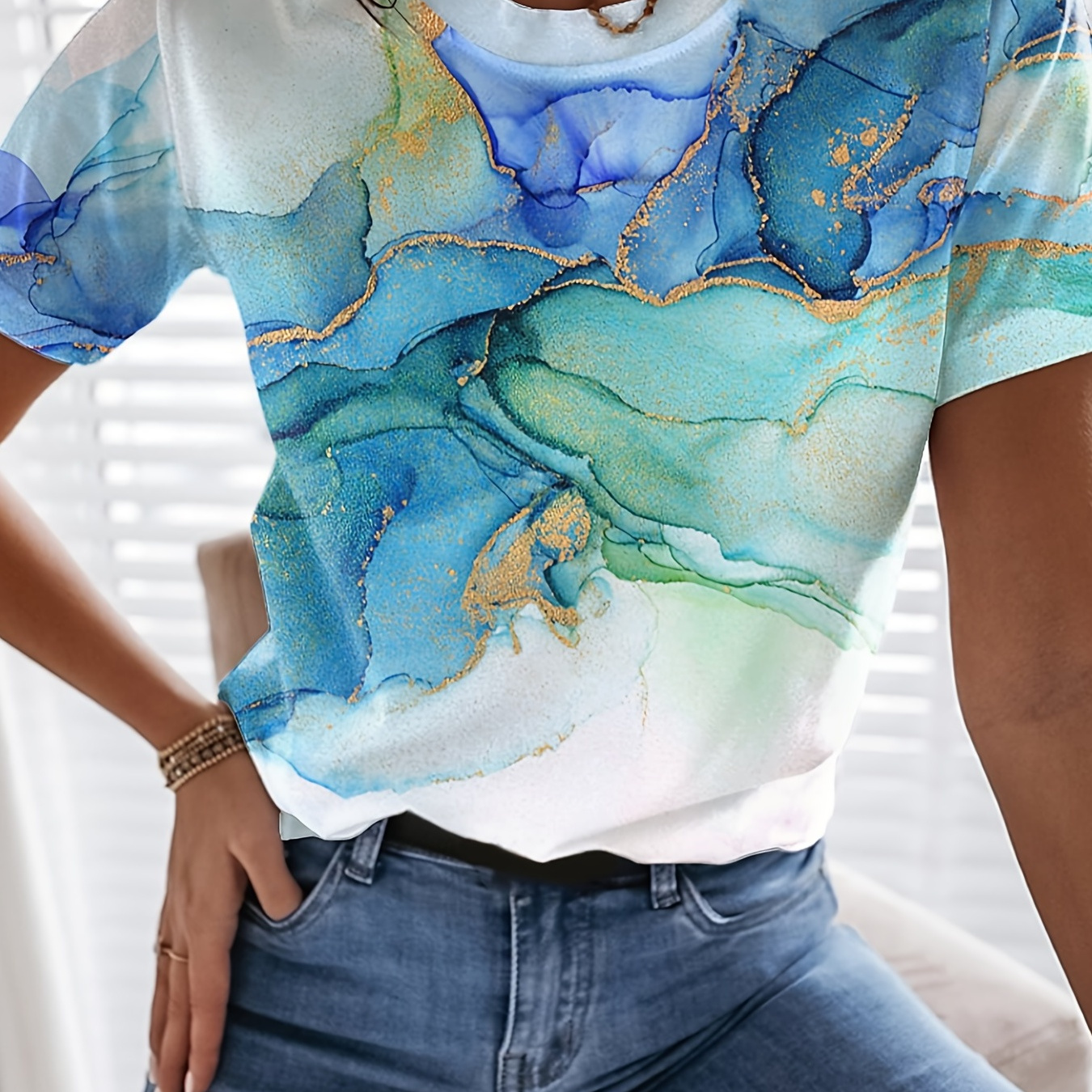 

Marble Print T-shirt, Crew Neck Short Sleeve T-shirt, Casual Every Day Tops, Women's Clothing