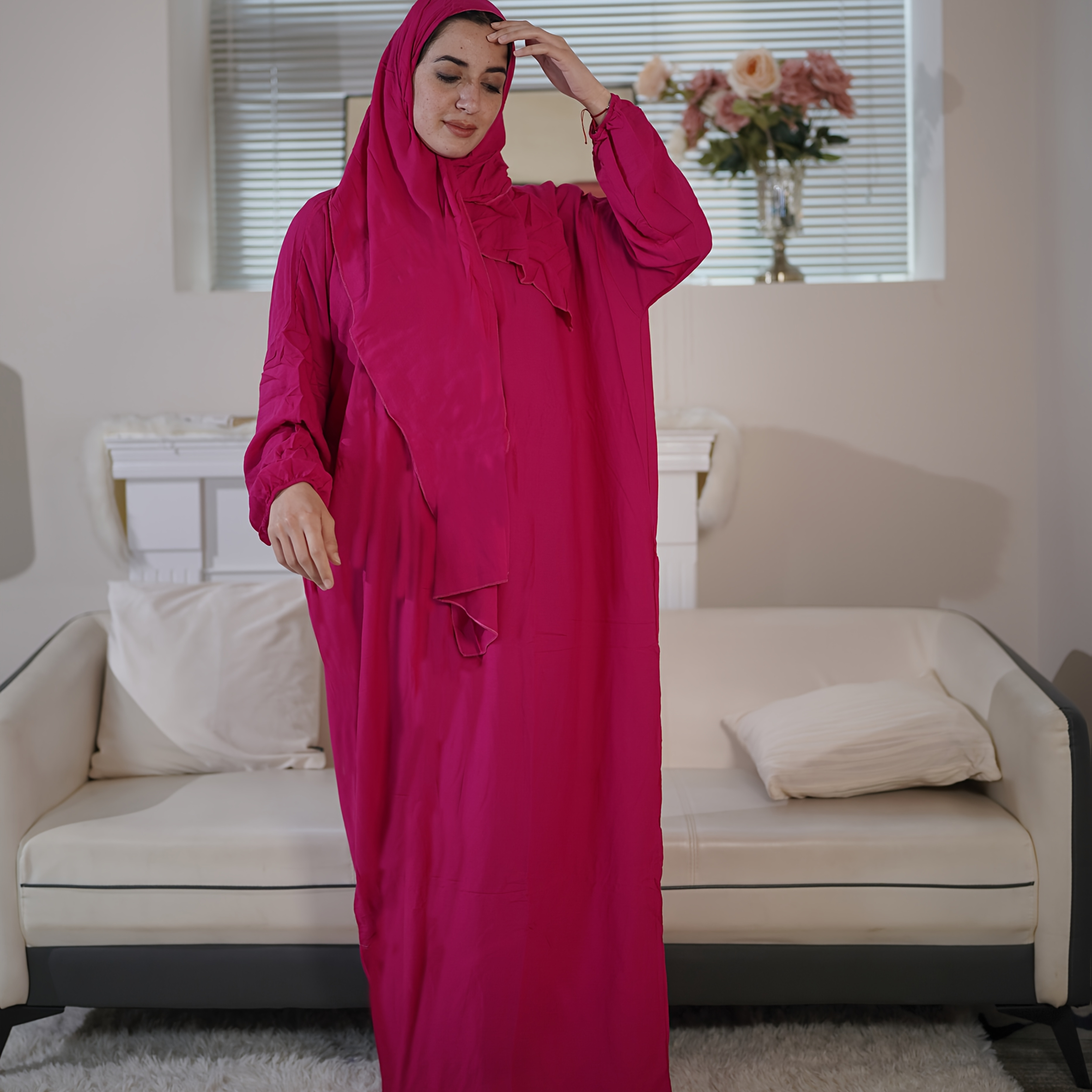 

Breathable & Comfortable Women's Robe With Integrated Hijab - Solid Color, Long Sleeve, Loose Fit, Rayon Fabric, Machine Washable