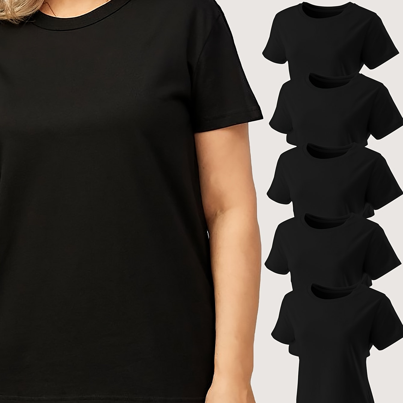 

6pcs Solid Color Black Crew Neck T-shirt, Casual Short Sleeve T-shirt For Spring & Fall, Women's Clothing