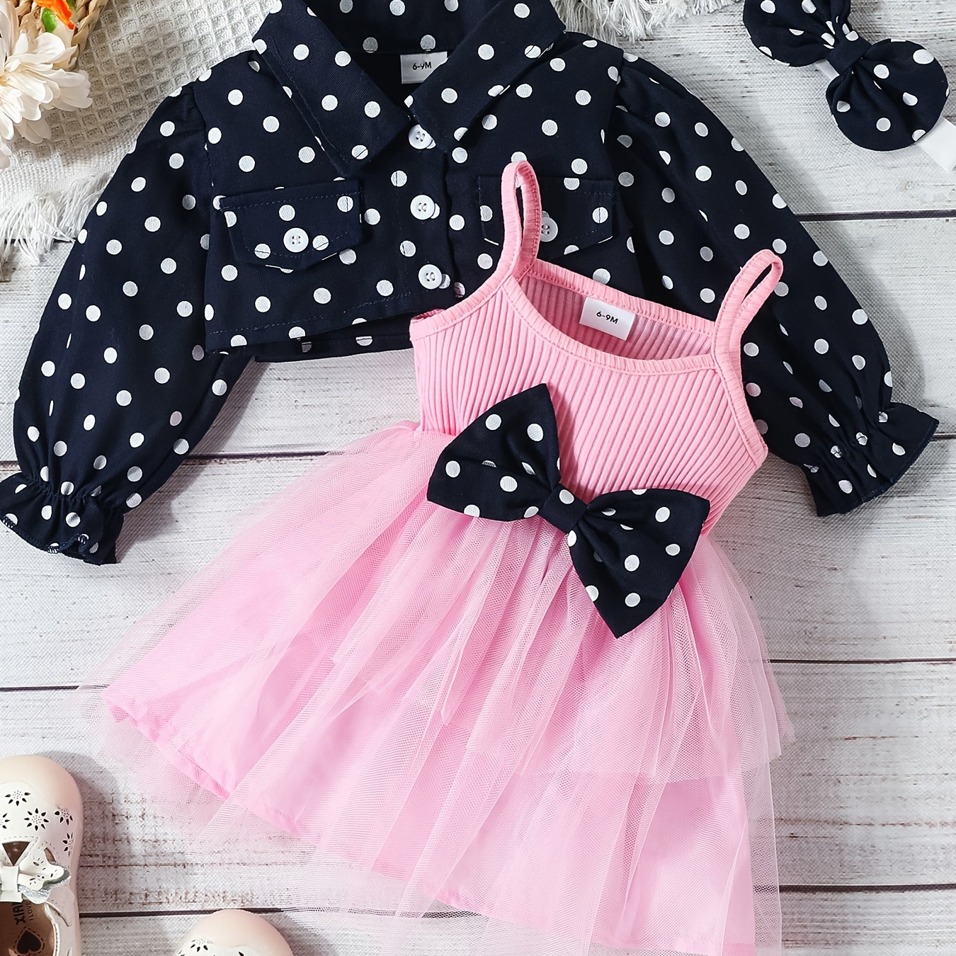 

Toddler Baby Girls Cute Sleeveless Tulle + Polka Dots Cropped Coat Set 3-24 Months