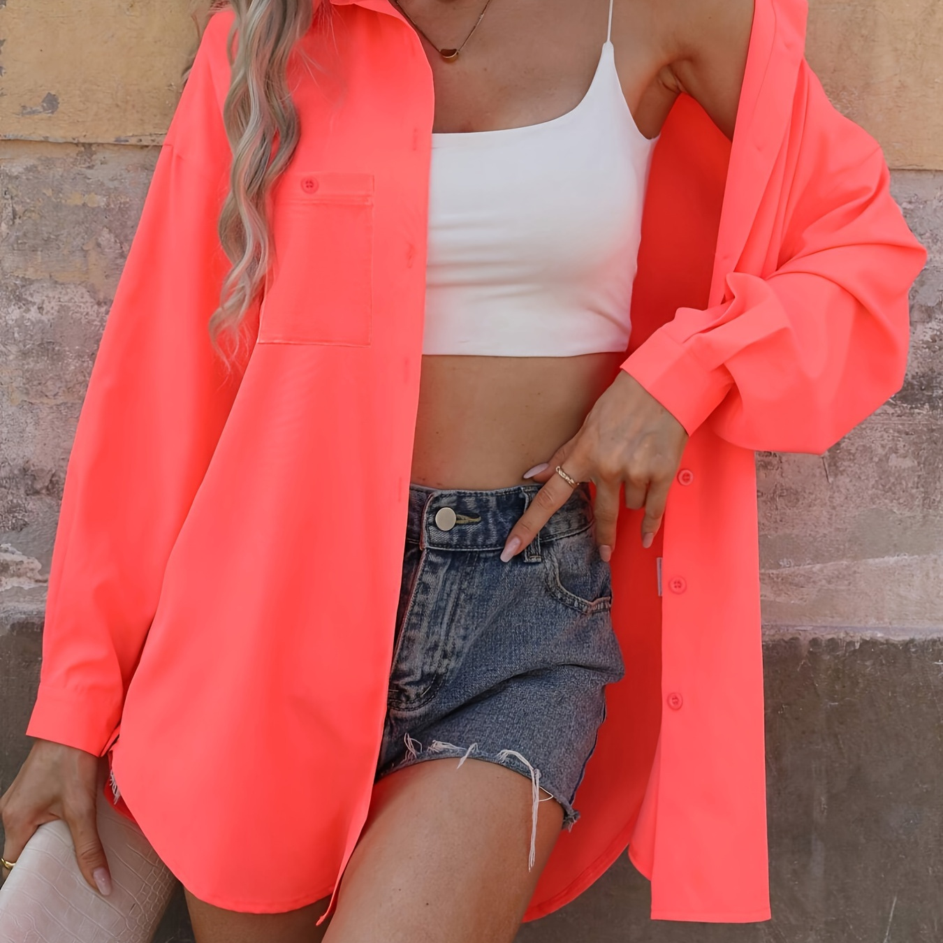 

[offshoulder Style] Elegant Neon Shoulder Long Sleeve Blouse - Chic Polyester, Semi-sheer With Collar, Spring/summer Fashion